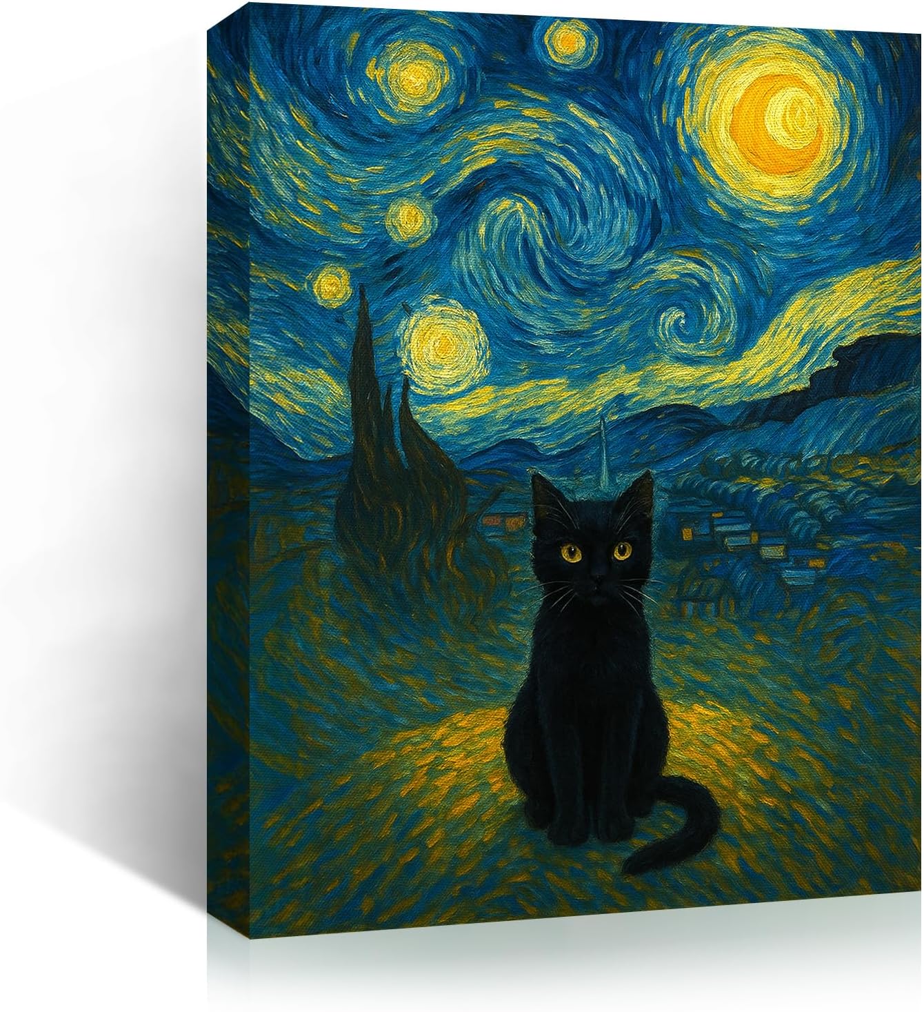 Madewell Living Van Gogh Starry Night with Funny Cat Canvas Print Wall Art (8x10 inch) - Ready to Hang, Waterproof Living Room & Bedroom Decor