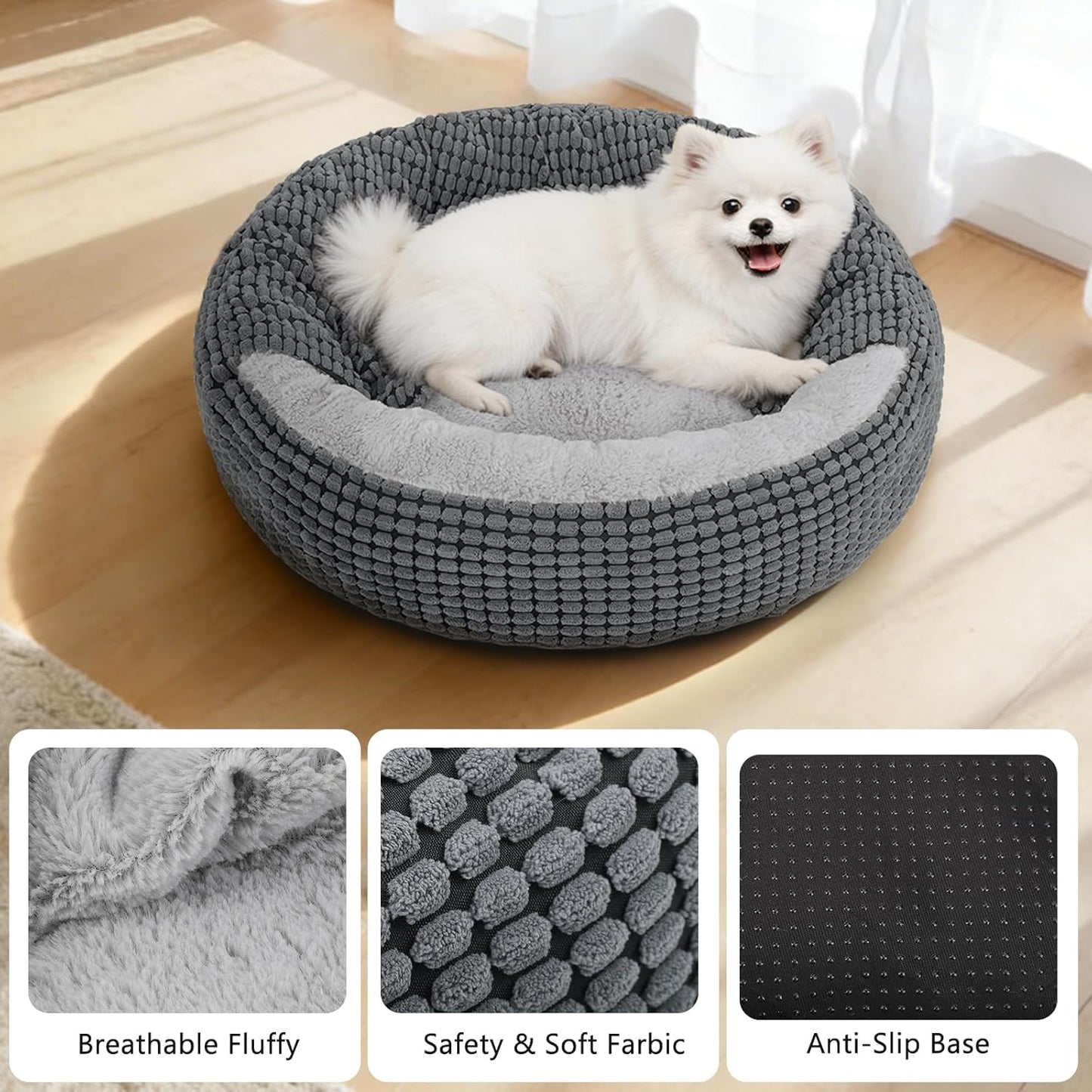 SIWA MARY Dog Bed with Attached Blanket for Small Dogs or Cats, Soft Plush Cozy Donut Cuddler Hooded Pet Beds Washable. Round Puppy Bed Orthopedic, Calming Cat Cave Bed. Anti-Slip Bottom 26inch