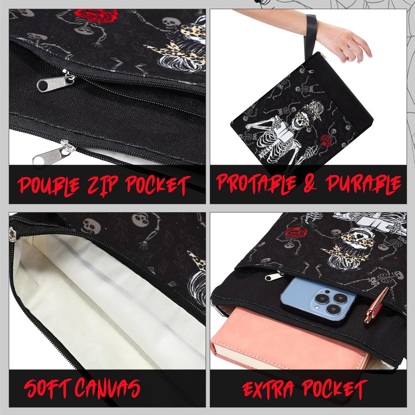 6 Pack Gothic Book Covers Book Club Gifts Book Covers for Paperbacks Skeleton Book Sleeve with Zipper Book Case Bag Gothic Book Protector for Book Lovers Teacher Student Gifts