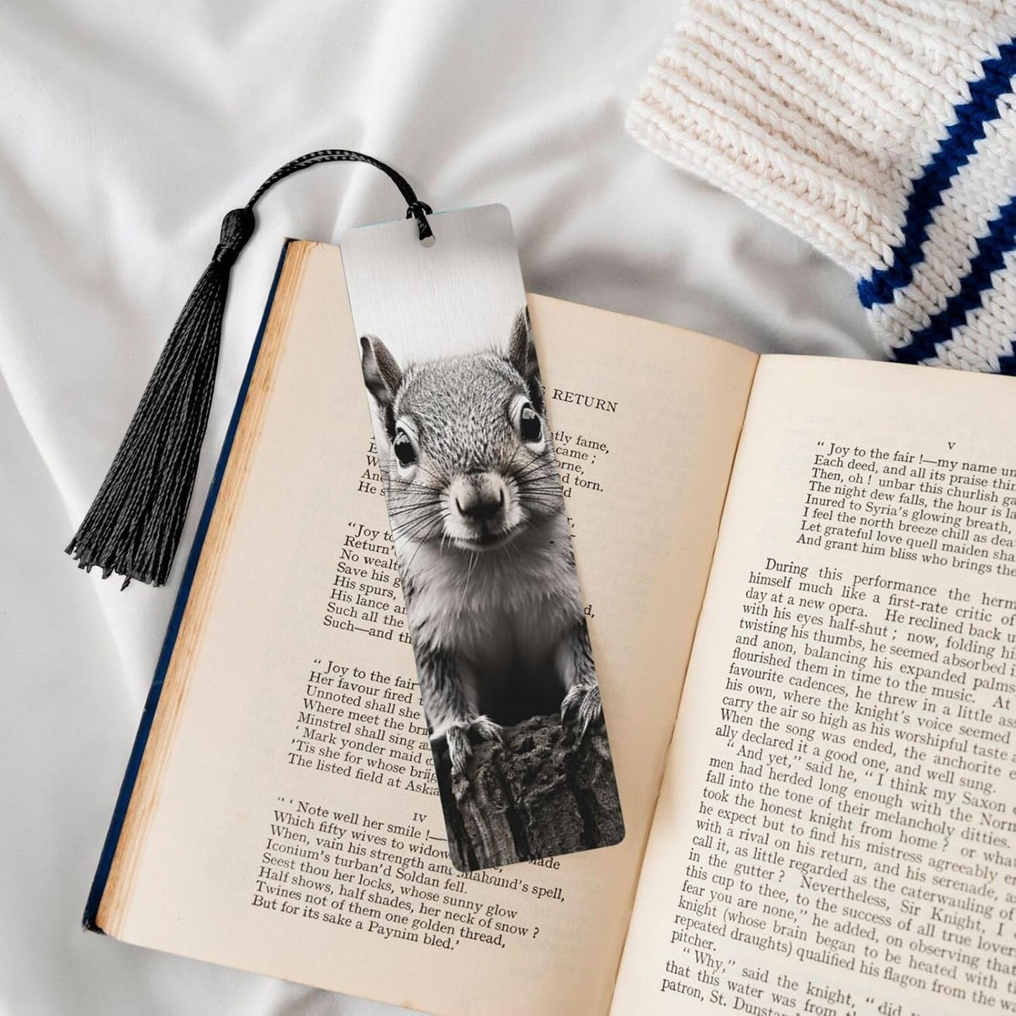 Light Gray Squirrel Bookmarks Gifts for Women Men, Wooden Bookmarks for Book Lovers, Vintage Book Marks Ornaments with Tassel, Unique Personalized Reading Page Markers Black