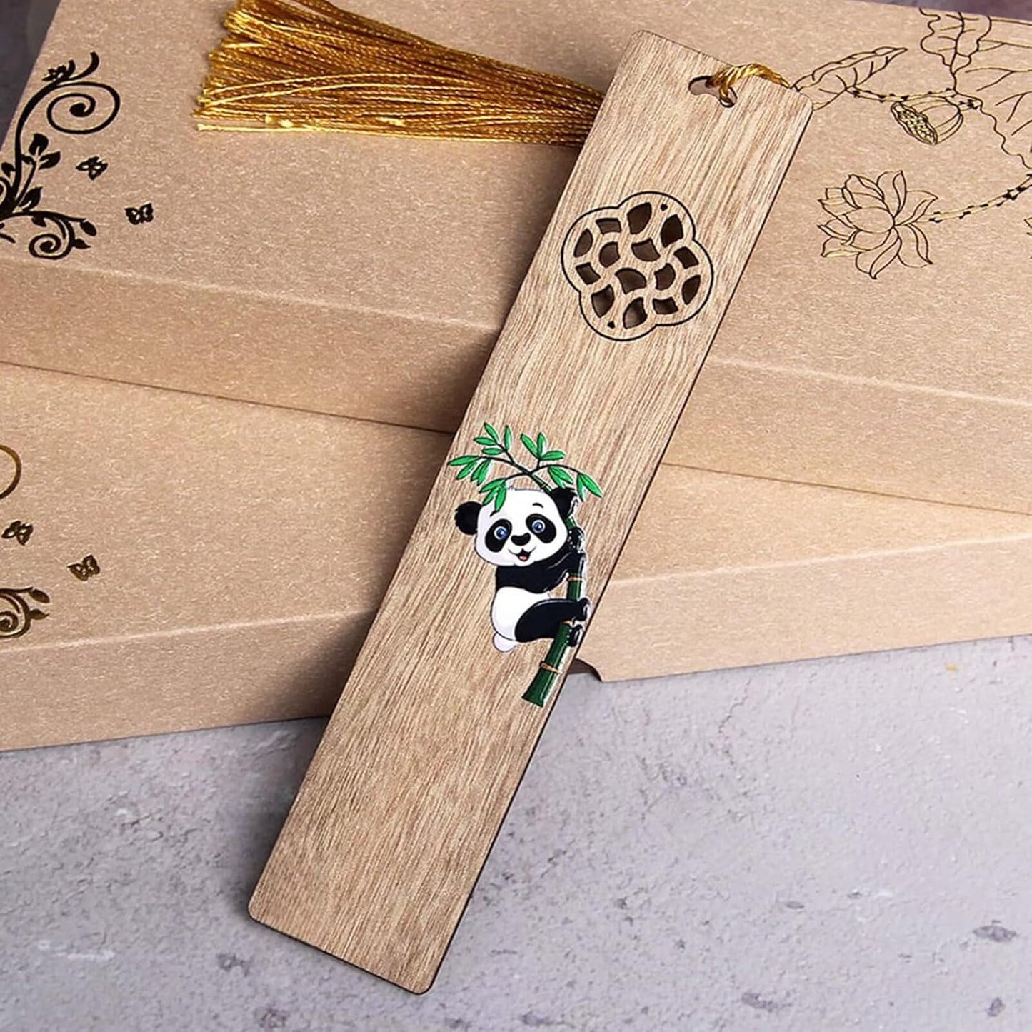 2pcs Wooden Bookmark,Personalized Page Markers 5.71"x1.18" Wooden Bookmark Set Book Accessories, Hollowed Panda Pattern with Pendant Text Book Marker Perfect Gift for Adults Students