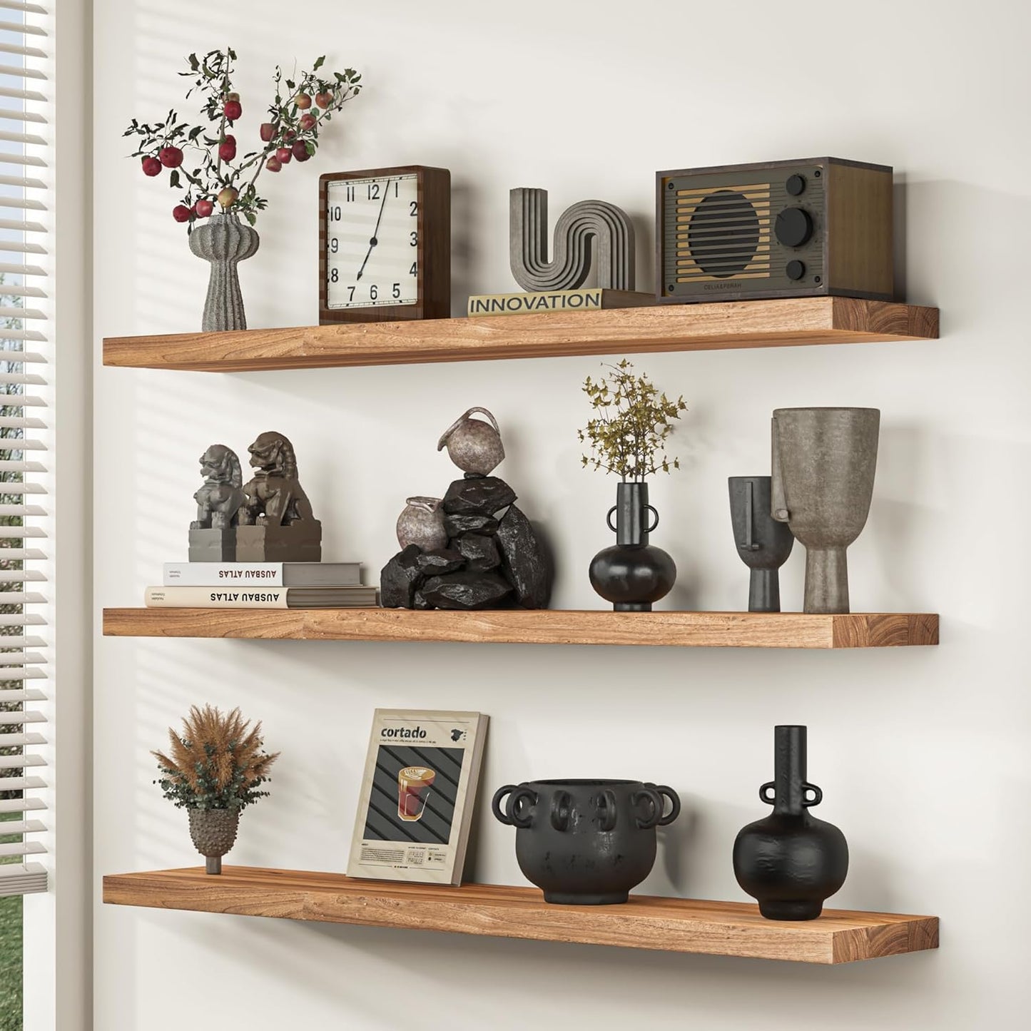 Fun Memories Floating Shelves for Wall, 36" Rustic Solid Elm Wood Wall Shelf, Heavy-Duty Wall Mounted Shelf with Invisible Brackets, Set of 2 for Living Room, Bedroom, Kitchen, Natural Finish
