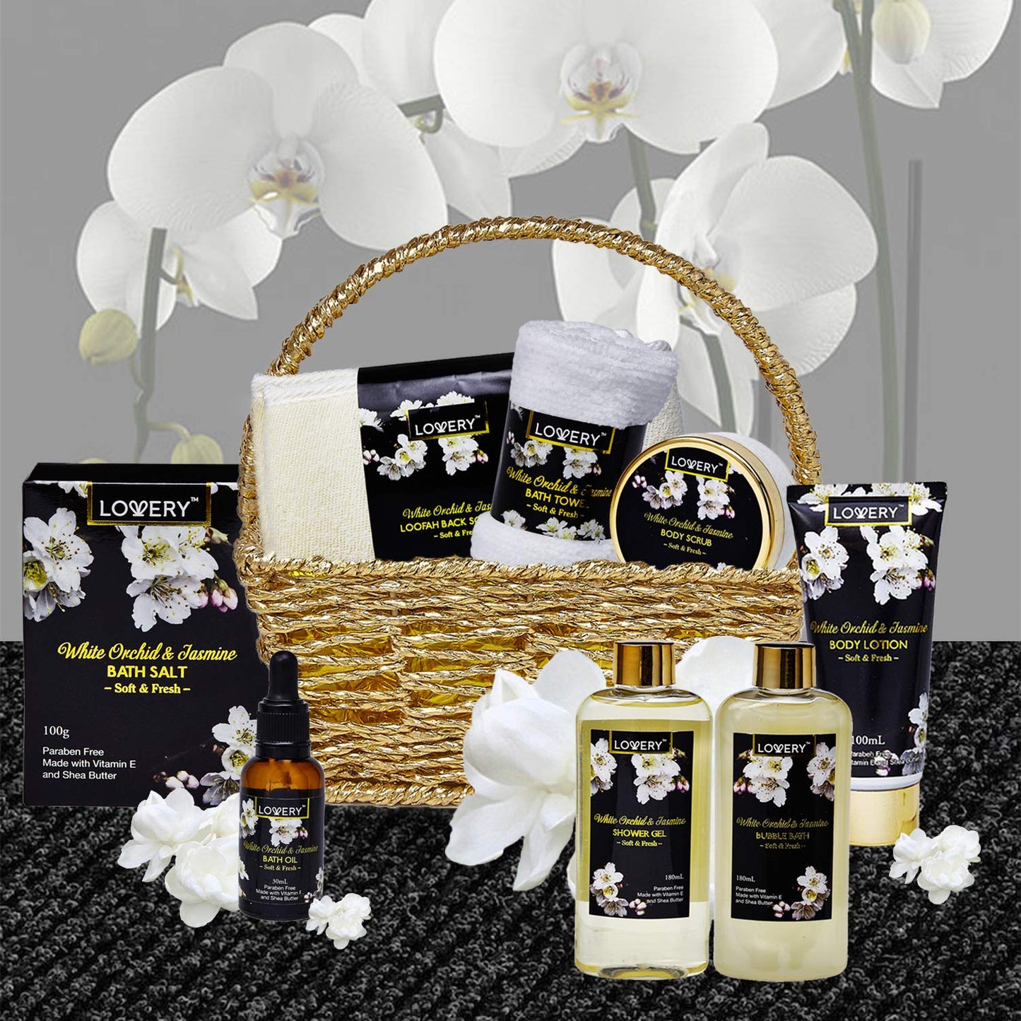 Gift Baskets for women Mom Gifts, Bath and Body Spa Set– Orchid & Jasmine Home Spa Set With Body Scrubs, Lotions, Oils, Gels and More - Care Package for Women & Men - 9 Piece Set