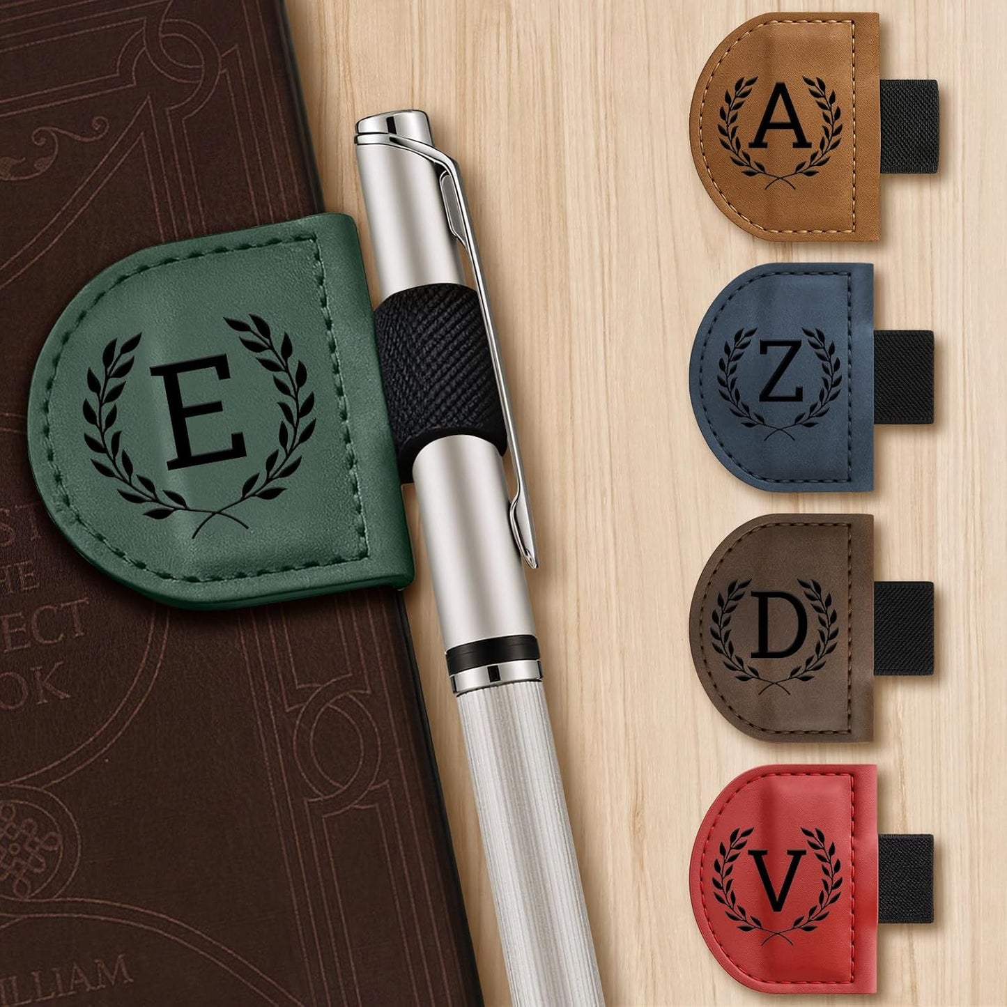 Personalized Bygone Mark Bookmark with Pen Holder,Engraving Leather Magnetic Bookmarks Vintage 26 Letters Name Initials Text Book Marker Clips Gifts for Reading Book Lovers Women (Blue, A)