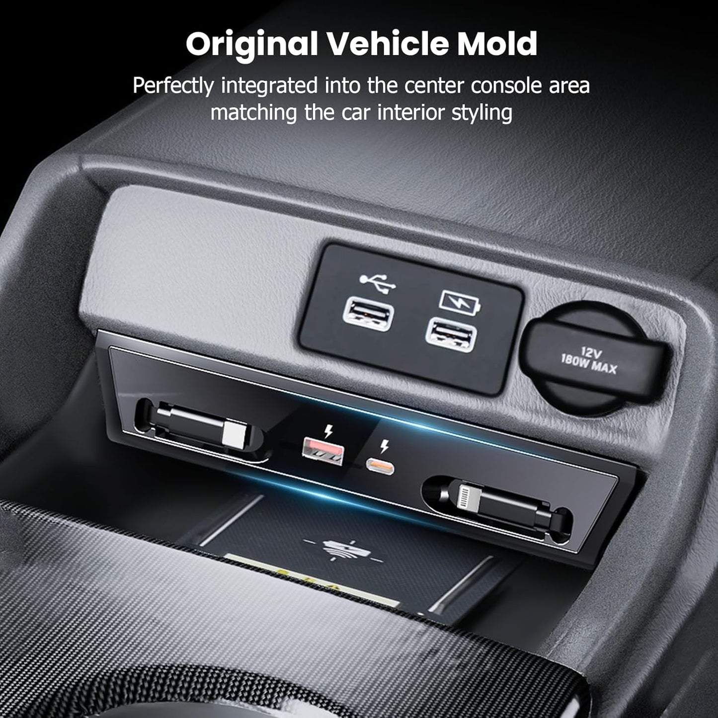 Center Console USB Hub Compatible with Honda Civic 2022 2023 2024 2025, 120W 4-Port Retractable Car Fast Charging Cables Docking Station