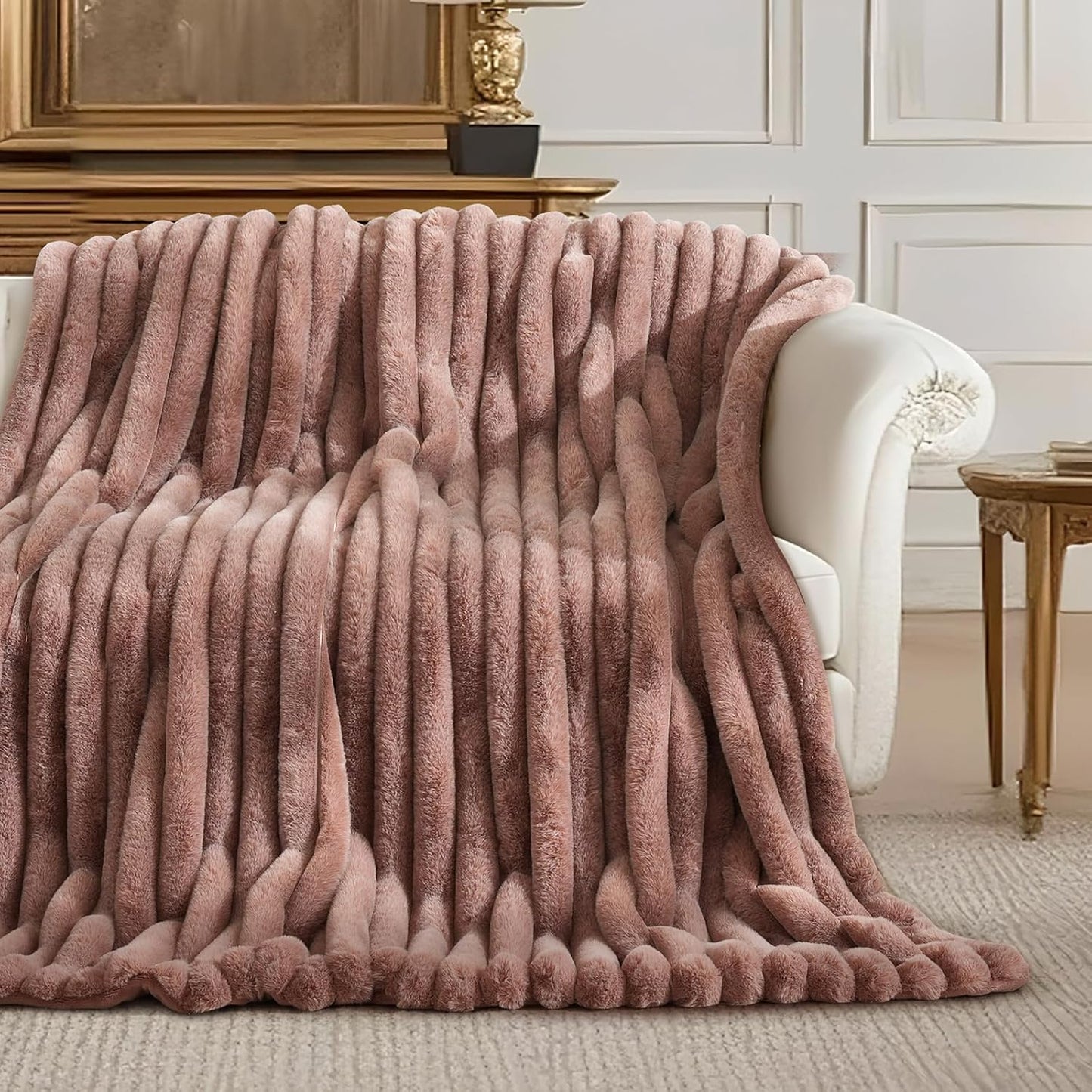 Amélie Home Faux Fur Throw Blanket for Couch, Ultra Cozy Fuzzy Fluffy Fur Luxurious Soft Striped Plush Gift Blankets for Family Sofa Chair Bedroom, 55"x70", Cationic Fox Pink Brown