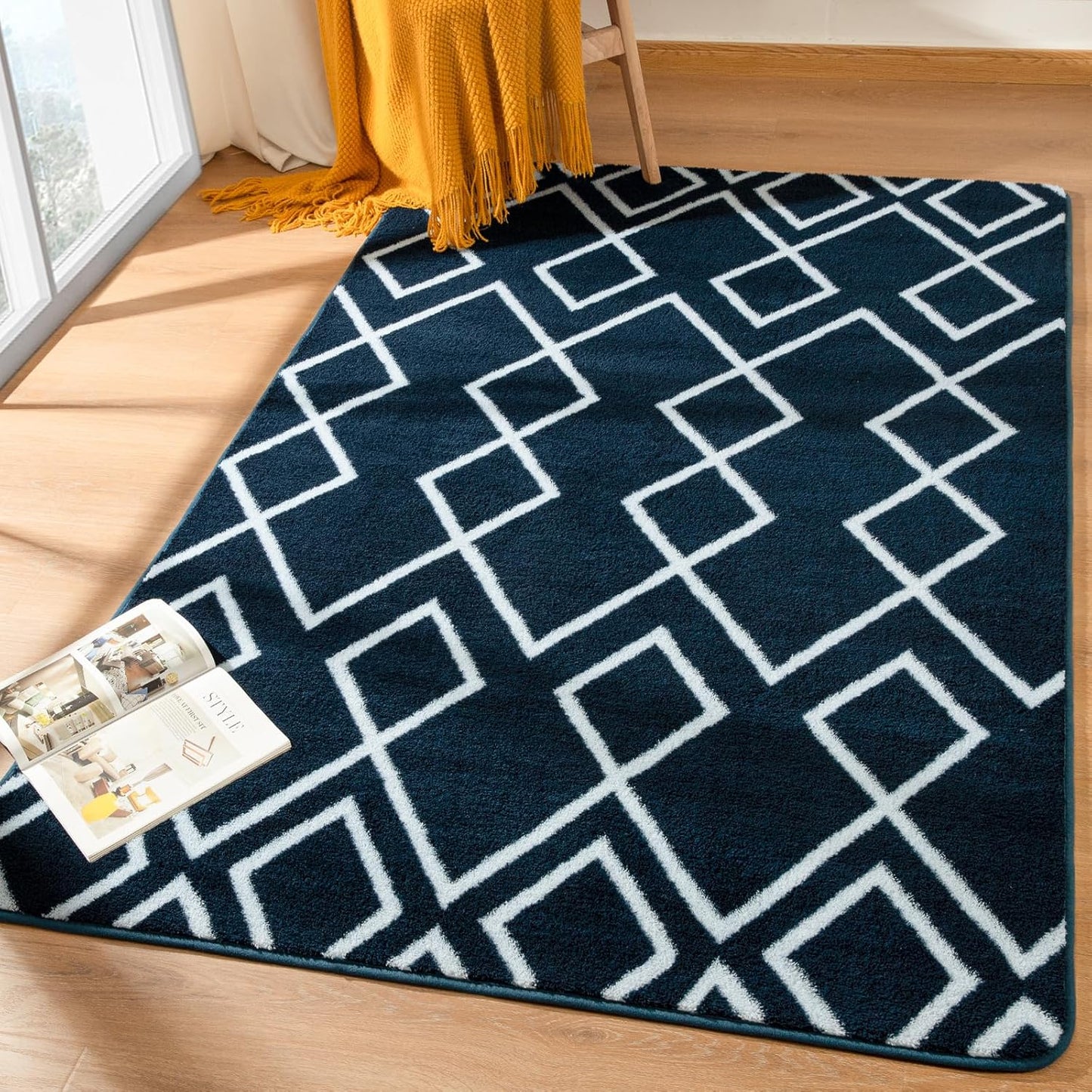 Soft Area Rug for Bedroom, 4x6Ft Moroccan Rugs for Living Room, Geometric Non-Slip Carpet with Memory Foam for Boys Girls's Bedside Office Dorm Hallway, Blue and White