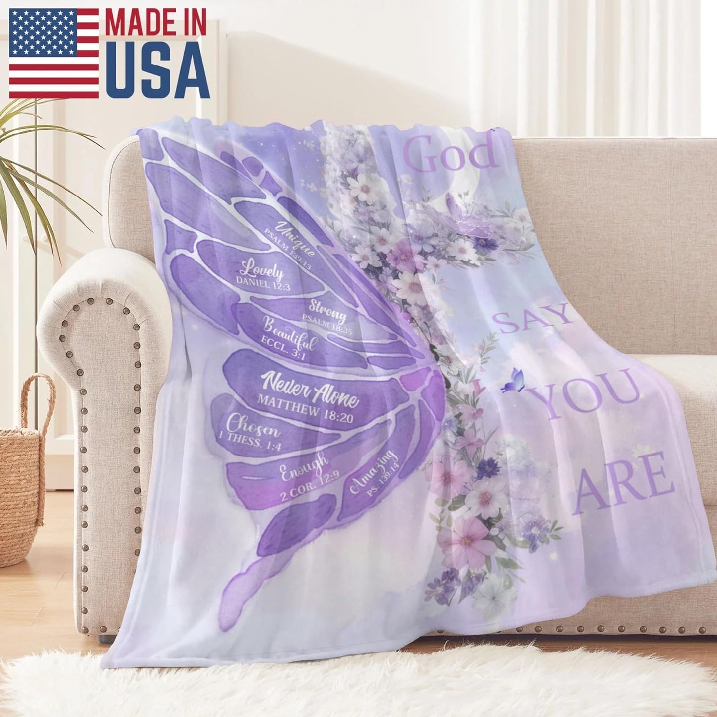 Christian Gifts for Women, Inspirational Faith Blanket, Spiritual Throw Blanket for Adults, Birthday Gifts for Mom, Sister, Friend, Daughter, Christian Butterfly Blanket (Purple 2, 60*50inch)