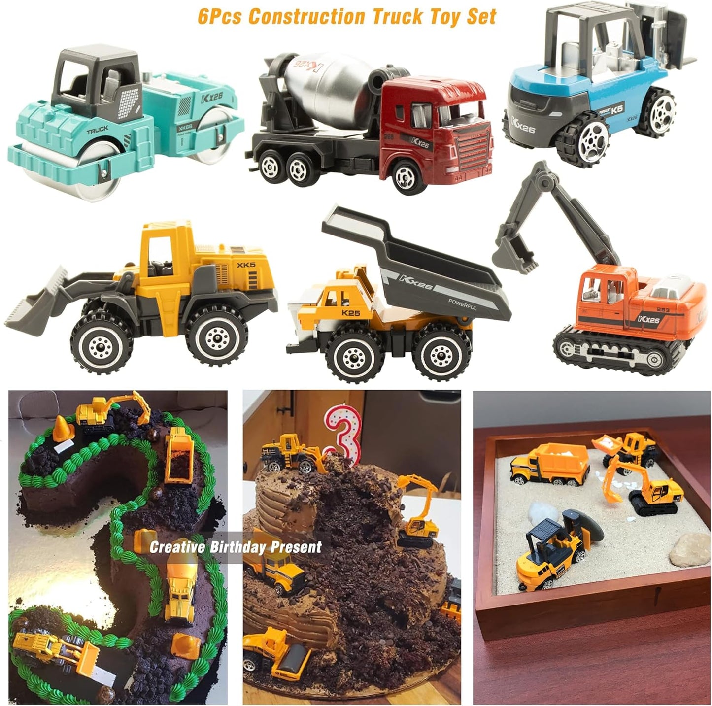 BenRich 6 Pcs Mini Die Cast Toy Set 1/64 Scale Alloy Construction Model Vehicles - Excavator, Dump Truck, Bulldozer, Forklift, Mixer Truck, Road Roller Toys Car for Boys Girls Birthday Present