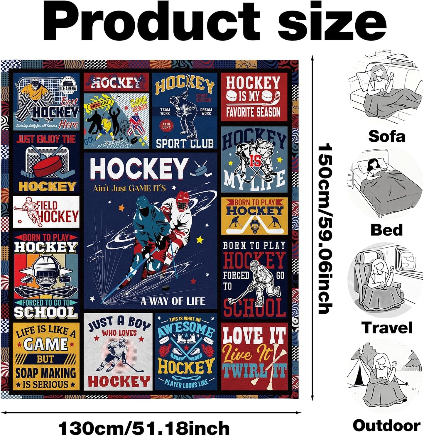 Ice Hockey Gifts Throw Blanket, Hockeys Gift for Boys 8-12, Soft Warm Flannel Blanket for Great Field Hockey Lovers for Boy Men Bed Sofa Couch Room Home Decor Gift 50 x 60 Inch