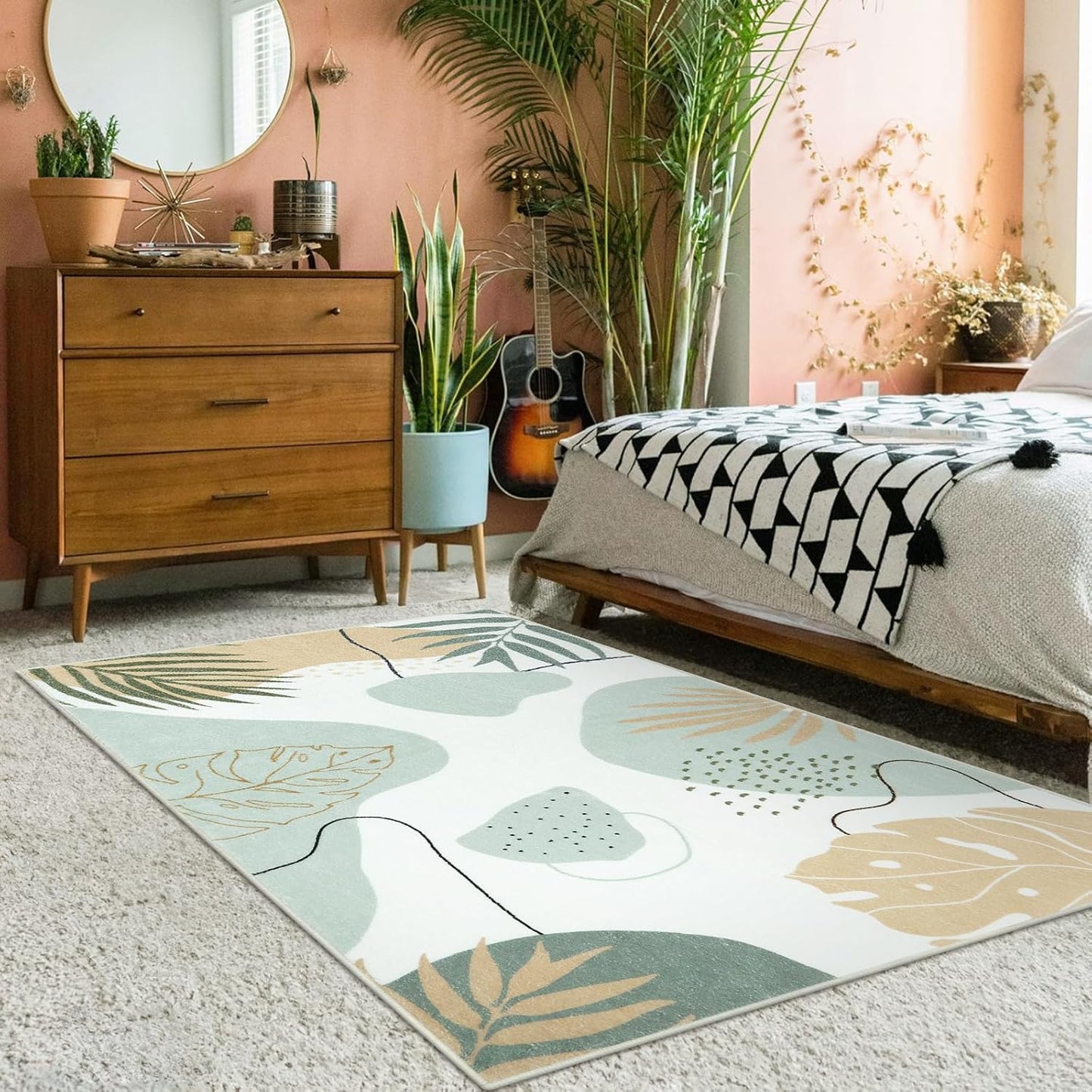 Seavish Boho Area Rugs for Bedroom Aesthetic 3x5 Green Abstract Rugs for Living Room Soft Botanical Print Kids Nursery Playroom Rug Mid Century Modern Leaf Rug for Entryway Office Classroom Dorm