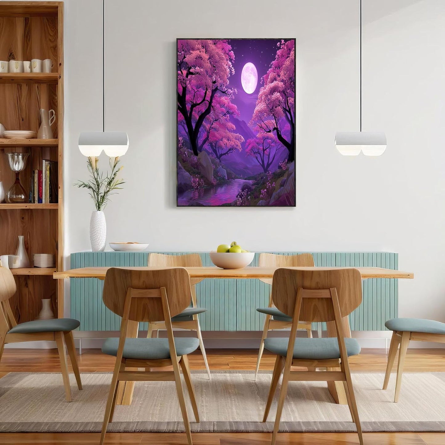 GDJSMIN Cartoon Scenery Wall Art, Purple Sky Cherry Blossom Trees Poster for Reading Room Living Room Decor 16x 24 inch Unframed