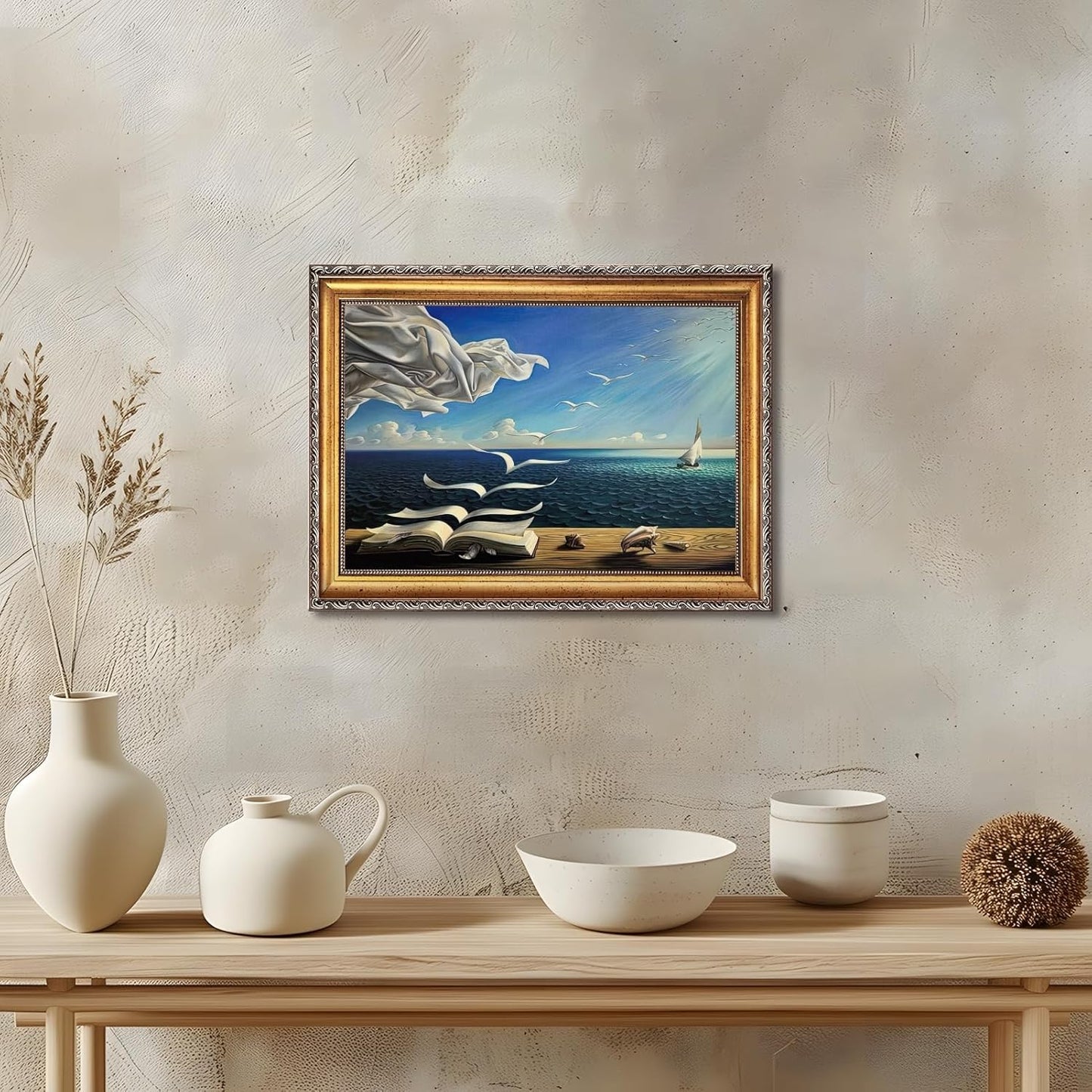 Qcrpnhy Surreal Ocean Dream Poster Wall Art Flying Pages And Seagulls Canvas Print Nautical Fantasy Book Scene Coastal Wall Decor For Living Room Bedroom Office 24x36inch Golden frame