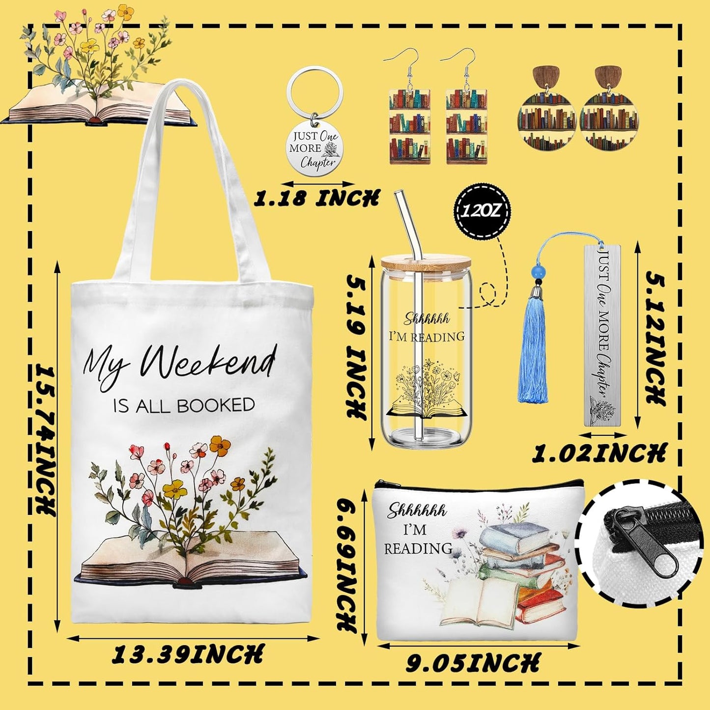 7 Pcs Book Lovers Gifts Set Book Makeup Bag Earrings Metal Bookmarks Keychain Glass Cup for Reader Gifts Accessories