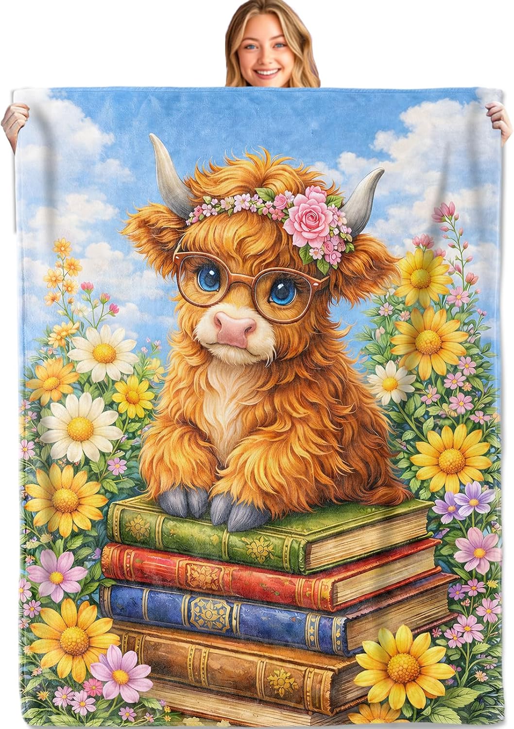 Highland Cow Book Throw Blanket, 50x60in, Soft Lightweight Flannel, Farm Floral Design Blankets,Gifts for Women Kids and Reading Lovers,for Couch Travel Office Home Living Room Cabin Decor