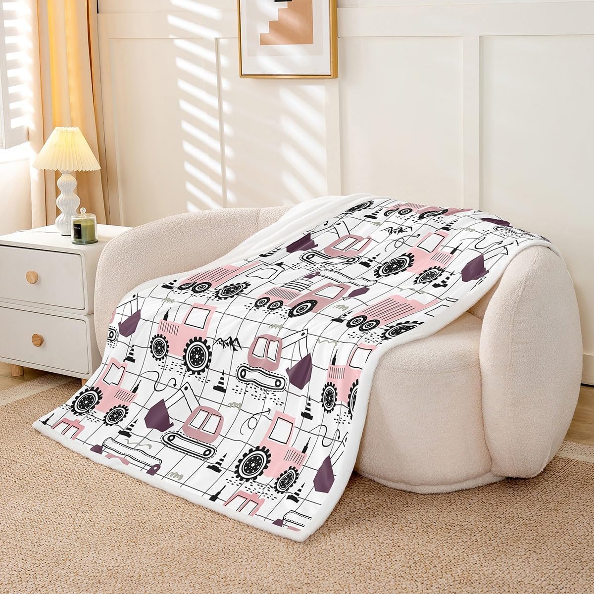 Feelyou Construction Fleece Throw Blanket for Girls Boys Kids Baby 30"x40" Cartoon Car Excavator Tractor Plush Blanket Equipment Trucks Sherpa Blanket Plaid Pink Black Theme Fuzzy Blanket