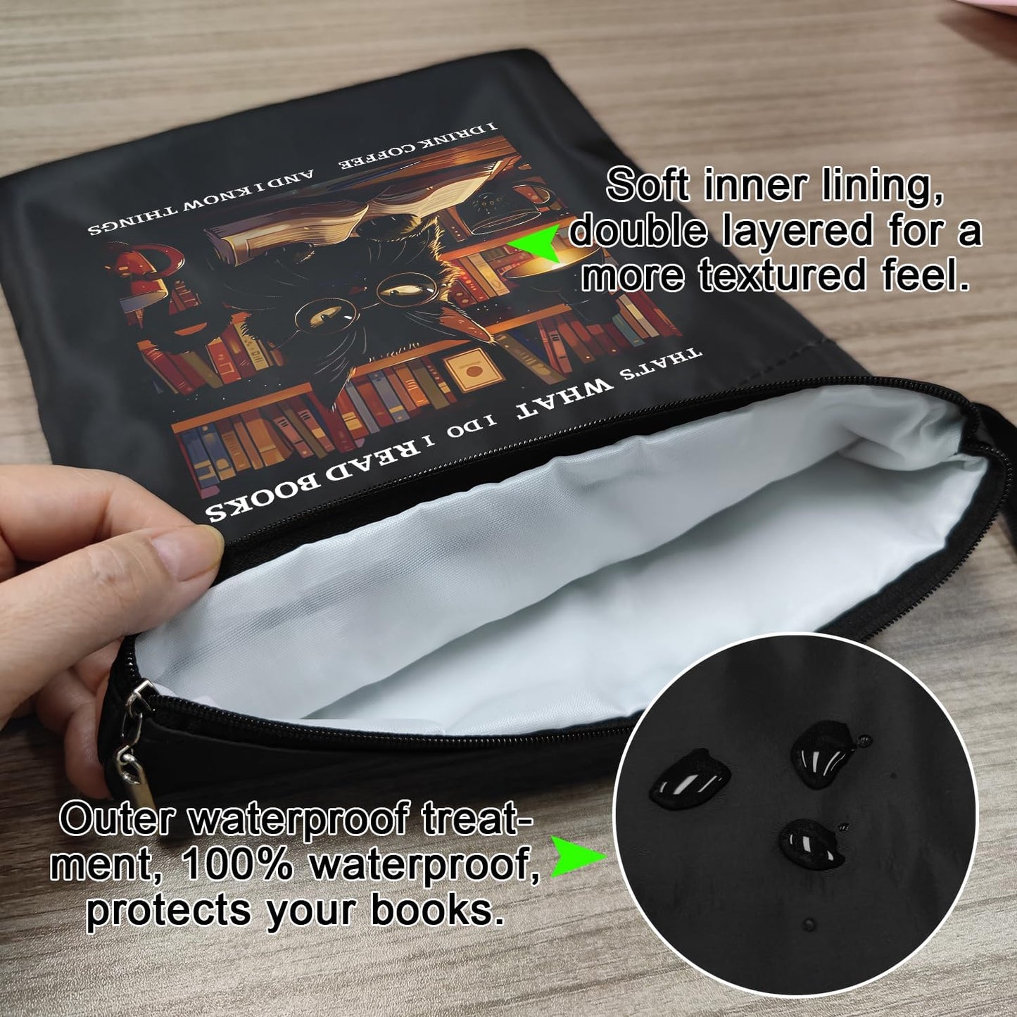 Inspirational Quotes Book Sleeve, Book Covers with Zipper, Book Sleeves for Book Lovers, Cat Book Pouch Protector, That's What I Do I Read Books I Drink Coffee and I Know Things