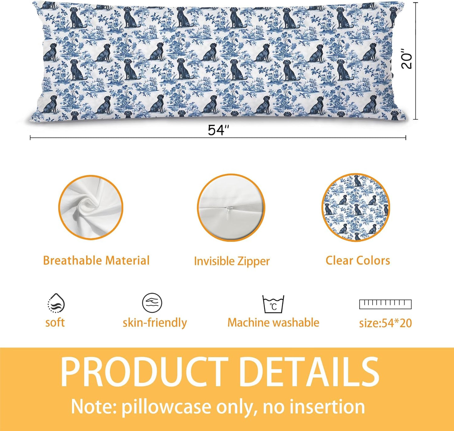 Blue and White Chinoiserie Labrador Retriever Decor 20x54 Body Pillow Cover,Labrador Retriever Gifts,Toile de Jouy Floral Dog Body Pillow Pillowcase with Zipper for Bed Couch