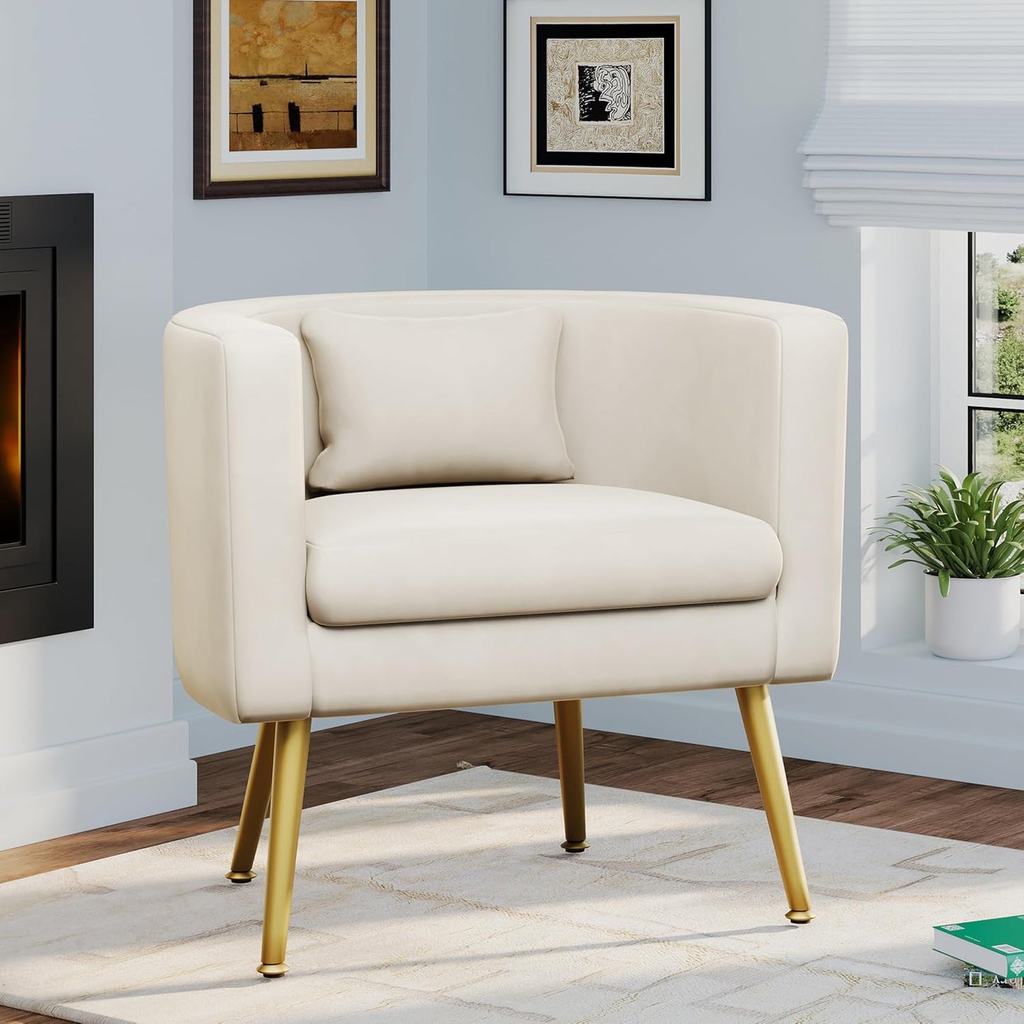 Velvet Accent Chair with Gold Legs Modern Upholstered Barrel Chairs Ivory Armchair for Living Room Bedroom