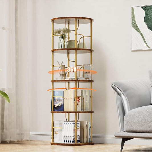 Flycity 4 Tier Rotating Bookshelf, 360° Corner Bookshelf Tower, Round Revolving Bookcase with Special Visible Partition Storage, Narrow Book Shelf Organizer for Living Room, Small Space, Gold