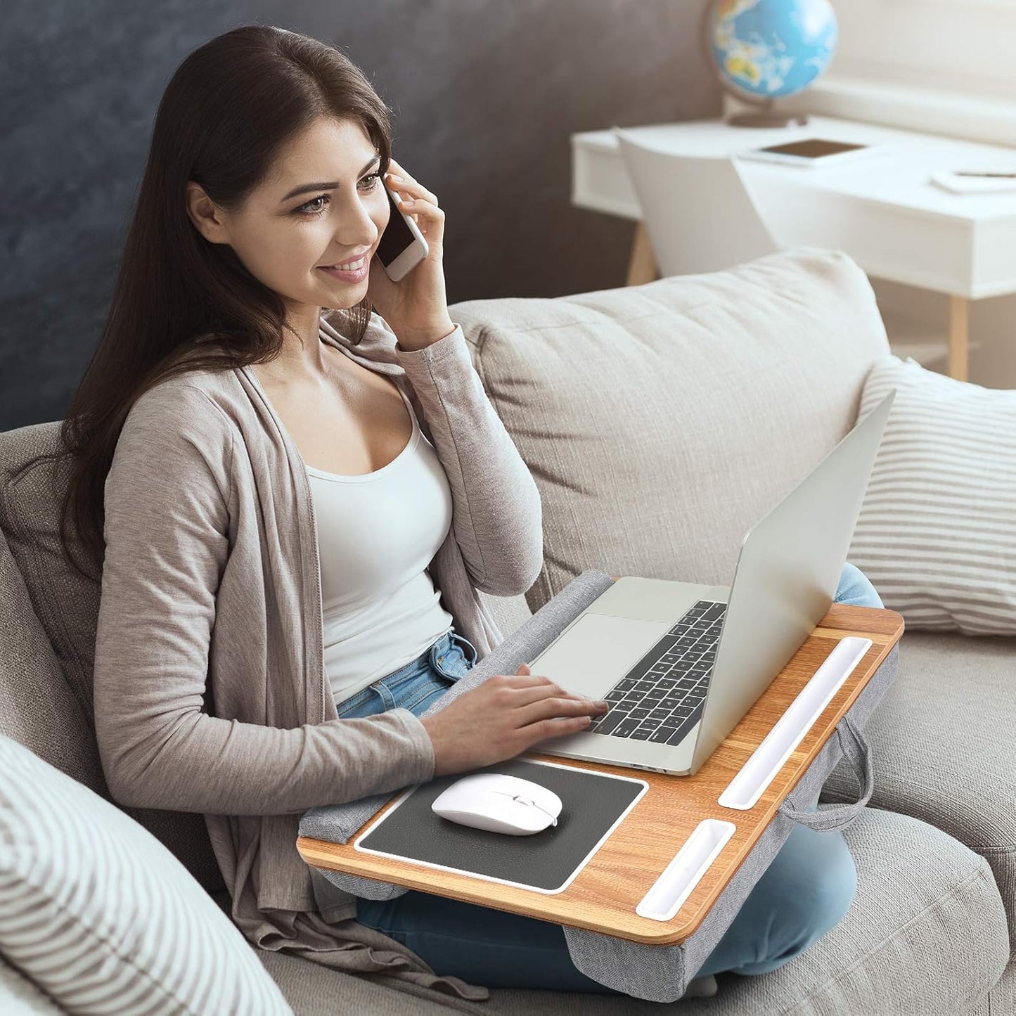 Totnz Lap Desk, Home Office Laptop Desk Fits up to 17 inches with Mouse Pad, Wrist Pad, Tablet, Pen & Phone Holder, Laptop Stand for Reading, Writing and Working, Wood Grain (TZLD3)