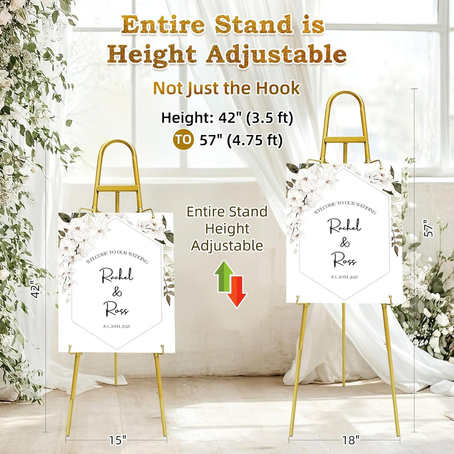 57"– 42" Height Adjustable Gold Easel Stand for Signs, Lockable at Any Height – 4 Hooks, 3 Display Modes, Easel with Design Templates – Ideal for Wedding Welcome Sign, Parties, Art & Retail Display