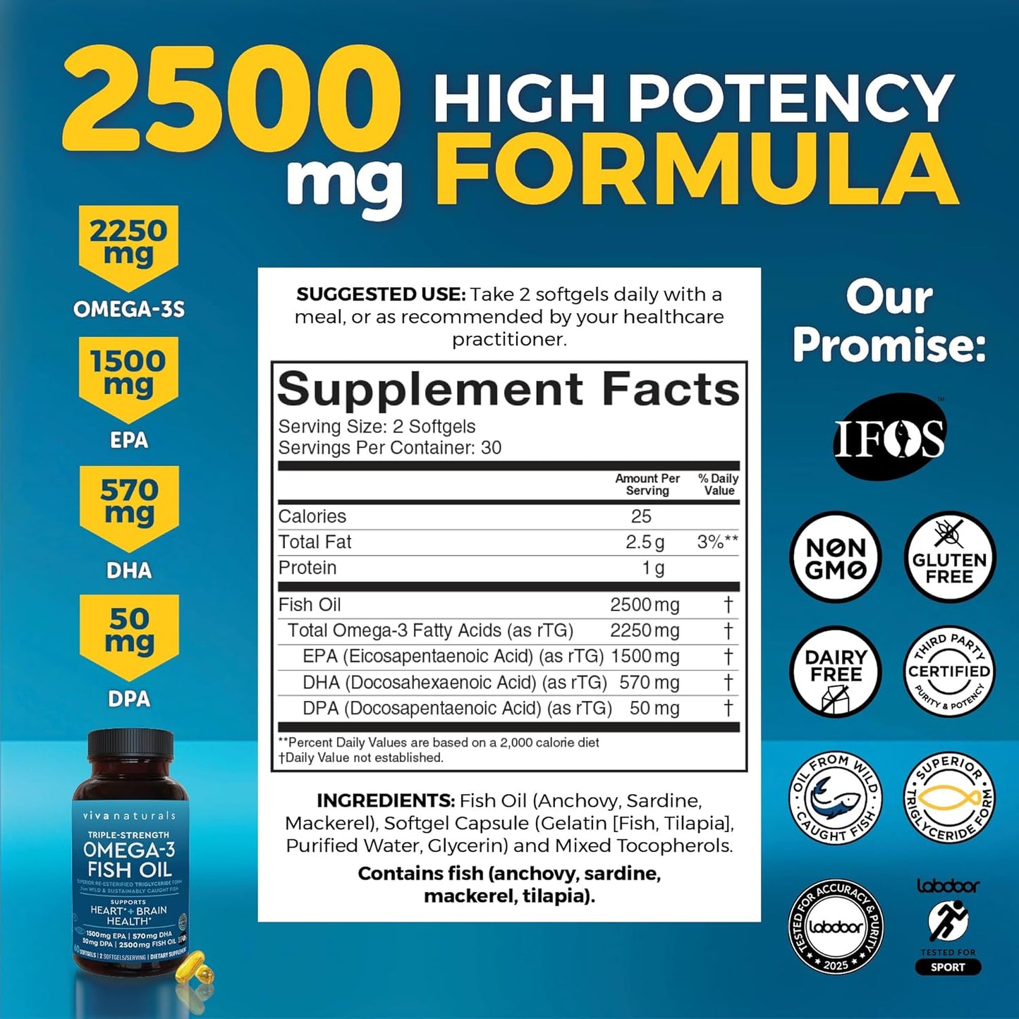 Viva Naturals Omega-3 Fish Oil, Triple Strength, 2500 mg, 60 Softgels – Re-Esterified Omega 3 Fatty Acids Including EPA, DHA, DPA - Pascatarian-Friendly