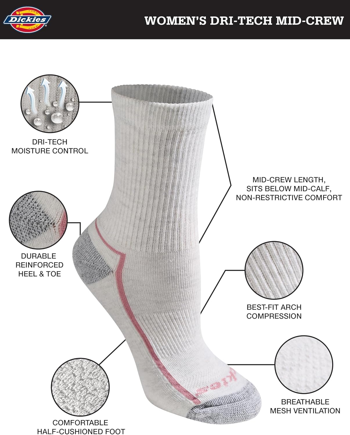 Dickies Women's Dri-Tech Advanced Moisture Wicking Mid-Crew Socks, Available in M-L (6, 12 Pairs)