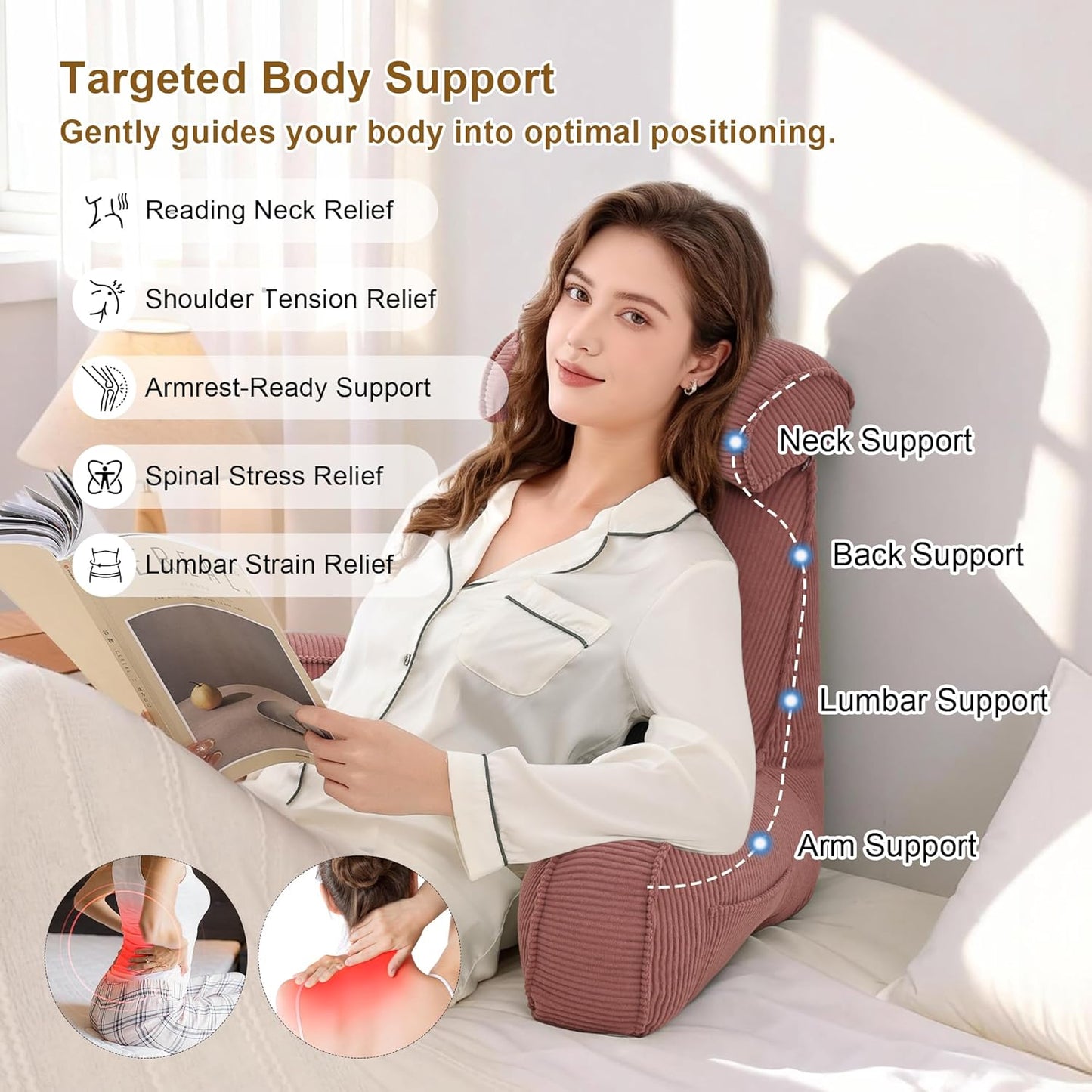 Corduroy Reading Pillow with Arms & Detachable Neck Roll, Bed Rest Back Support, Adult Cushion for Sitting Sofa & Floor, Side Pockets & Washable Cover, Brick Brown
