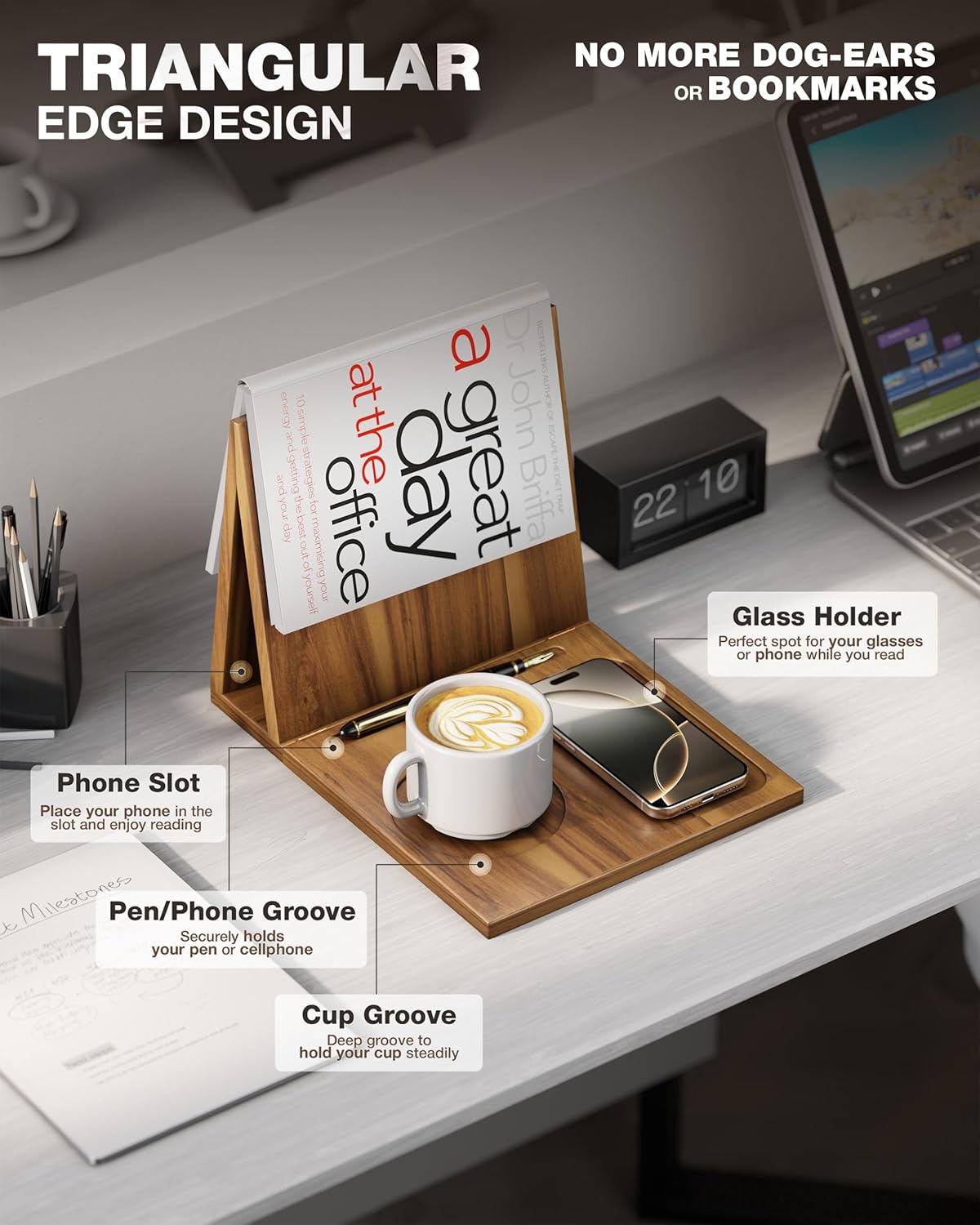 Triangle Book Holder, Book Rest, Acacia Foldable Book Nook Reading Valet, Triangle Book Stand with Cup, Pen, Glasses and Phone Holder for Bedroom, Nightstand or Office, Gifts for Book Lover