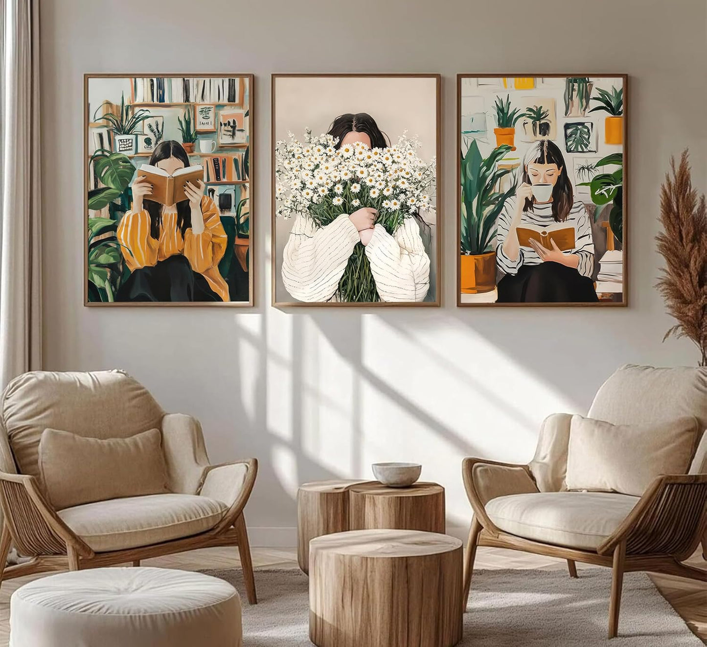 3Pcs Emerald Green Abstract Figure Wall Art Fashion Reading Woman and With Daisies Bouquet Poster Wall Decor Retro Picture Stripe Female Portrait Paintings for Living Room Bedroom 16x24in Unframed
