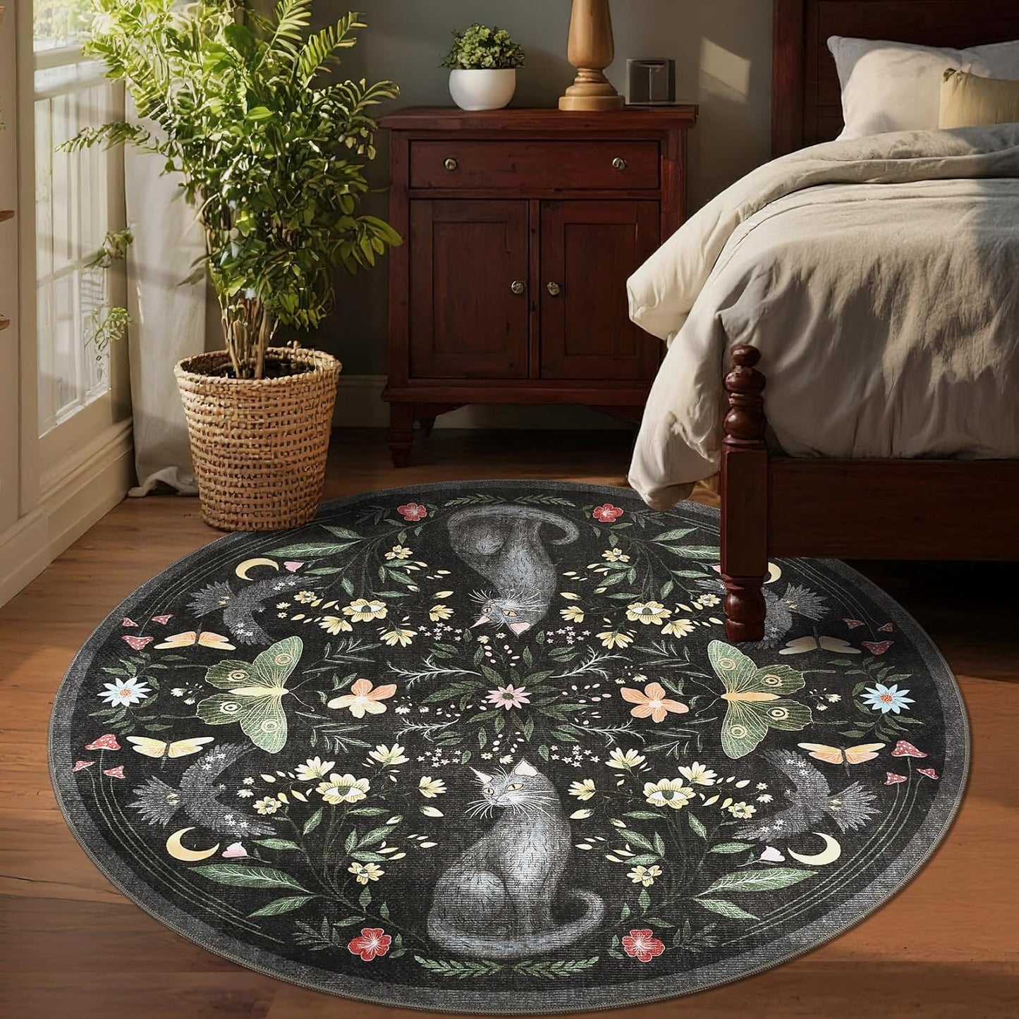 GarveeHome Round Area Rugs 5ft for Bedroom, Cat Black Washable Circle Rug Soft Non Slip Mushroom Floral Floor Mat Carpet Indoor Thin Rug for Bedroom Dining Room Playroom Nursery Gothic Decor