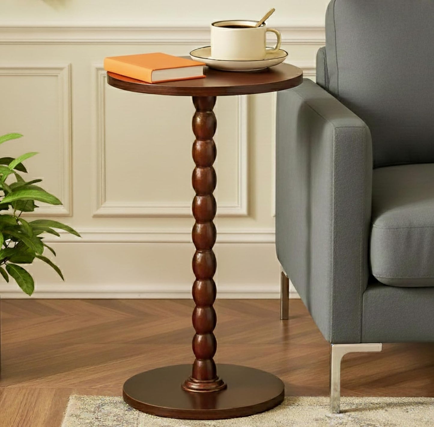 Round Wooden Small Side Table for the Living Room, Modern Pedestal Side Table for Small Spaces, Drinks, Corner, Accent Piece, and Compact Nighstand Bedroom, Tool-Free Assembly Easy, Walnut