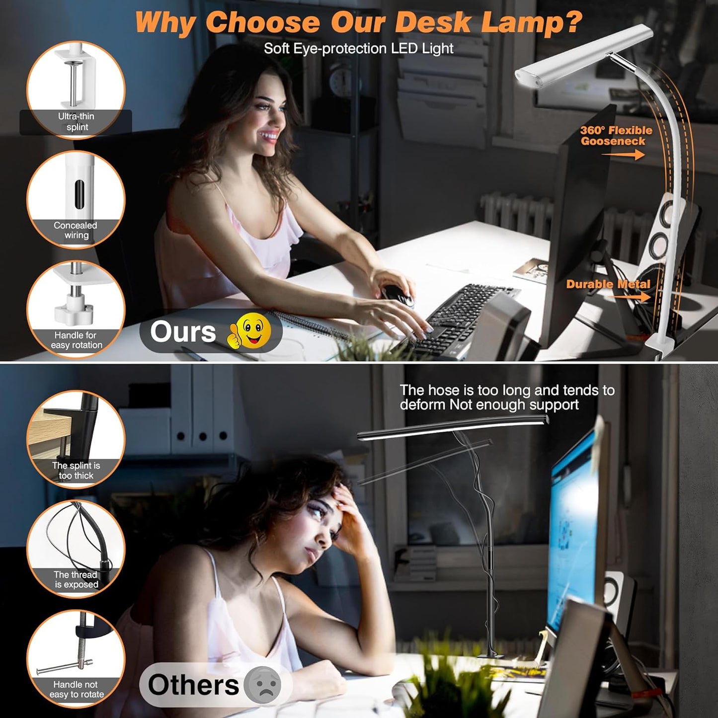 사무실 가정용 LED 책상 램프, 무단 조광 조절 가능한 유연한 구즈넥, 10W USB 어댑터 책상 램프, 독서, 공부, 작업대용 클램프 포함 (화이트)