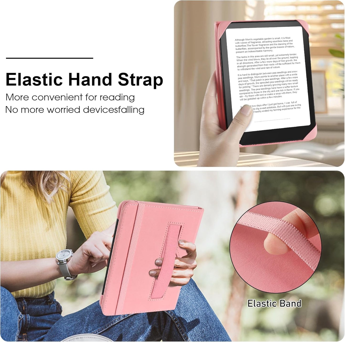 Universal Case for 6 inch Kindle eReader Compatible with Paperwhite(2015/2018)/Pocketbook and Tolino/Kobo Clara HD,6" eReader Protective Case Cover Elastic Rope,Pink