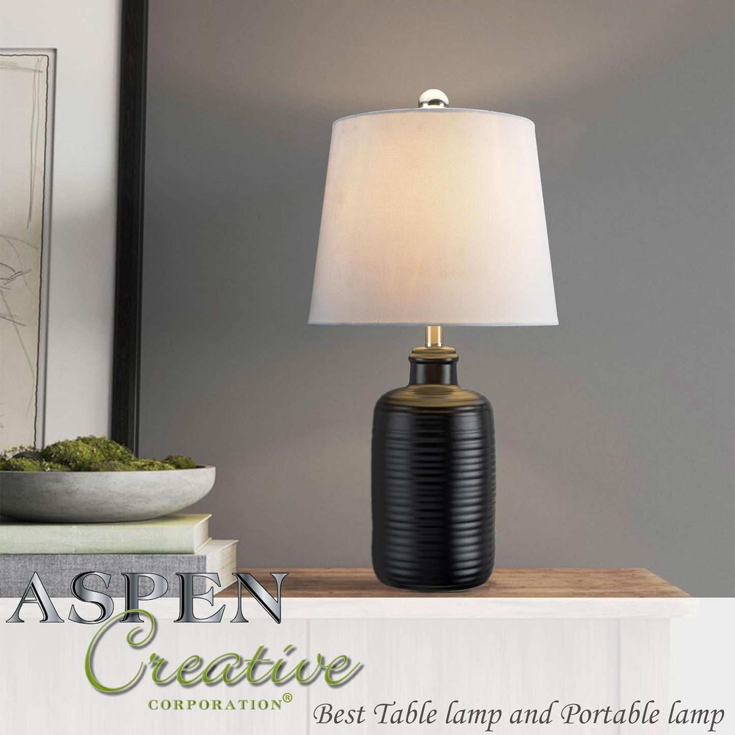 Aspen Creative 40249-56-2, 19-3/4" H Table Lamp Black Body w/White Marble Base, Size: 10-1/4" L x 7-1/4" W x 19-3/4" H, E26 Socket, Set of 2