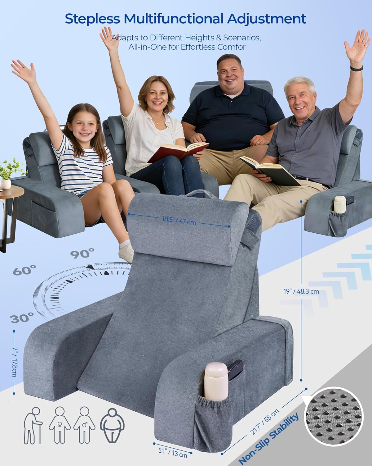 Adjustable Wedge Reading Pillow — Large, 30–90° Stepless Angle, Detachable Arms, Bed or Couch