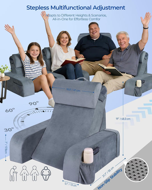 Adjustable Wedge Reading Pillow — Large, 30–90° Stepless Angle, Detachable Arms, Bed or Couch