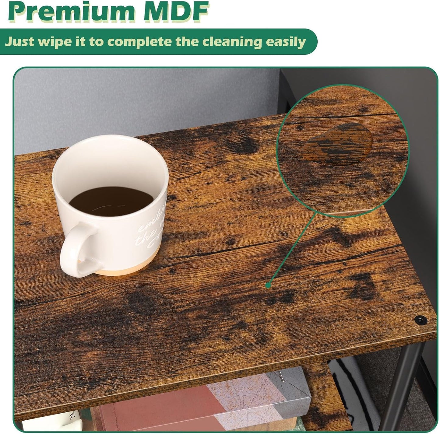 Small End Table 2 Tier Wood Metal Rustic Side Table Living Room with Storage Shelf Narrow Bedside Table for Small Spaces Bedroom Office, Brown