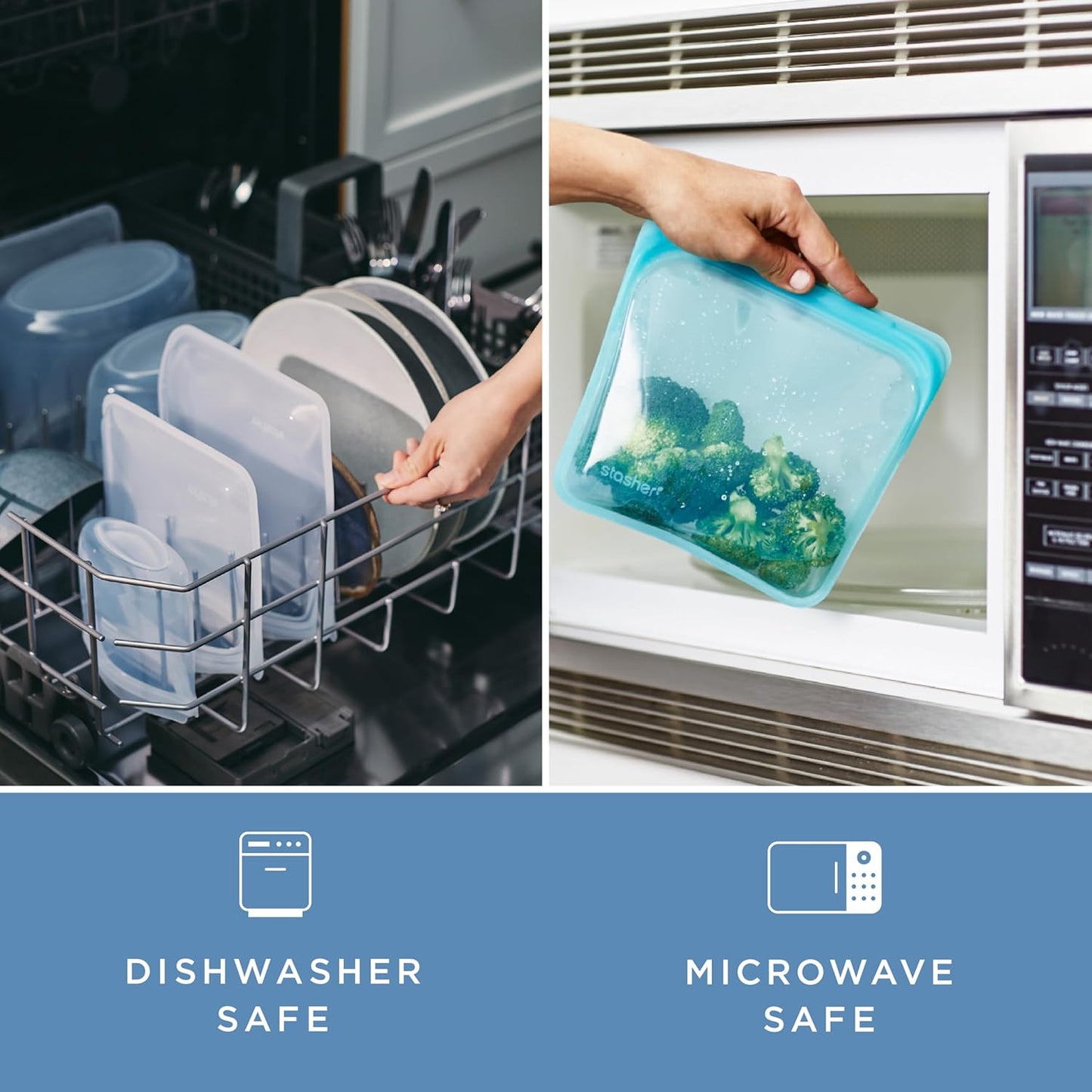 Stasher Silicone Reusable Storage Bag, Pocket Bags 2-Pack, Microwave, Dishwasher, Oven Safe, Sous Vide, Eco Friendly, Leak-free, Food-safe Silicone Snack Bags for Travel, 4 oz, Clear & Deep Ocean | Reusable Food Bag