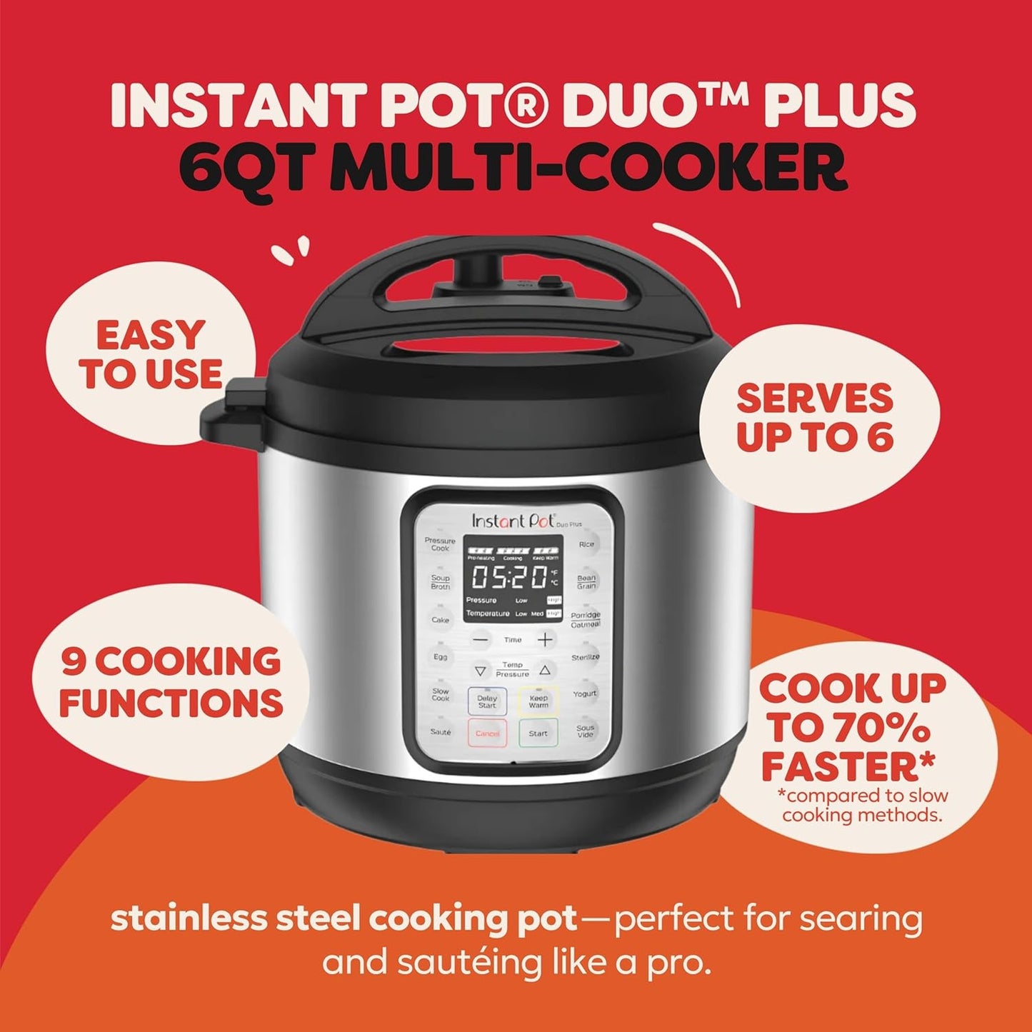 Instant Pot Duo Plus 9-in-1 Multicooker, Pressure Cooker, Slow Cook, Rice Maker, Steamer, Sauté, Yogurt, Warmer & Sterilizer, Includes App With Over 800 Recipes, Stainless Steel, 6 Quarts