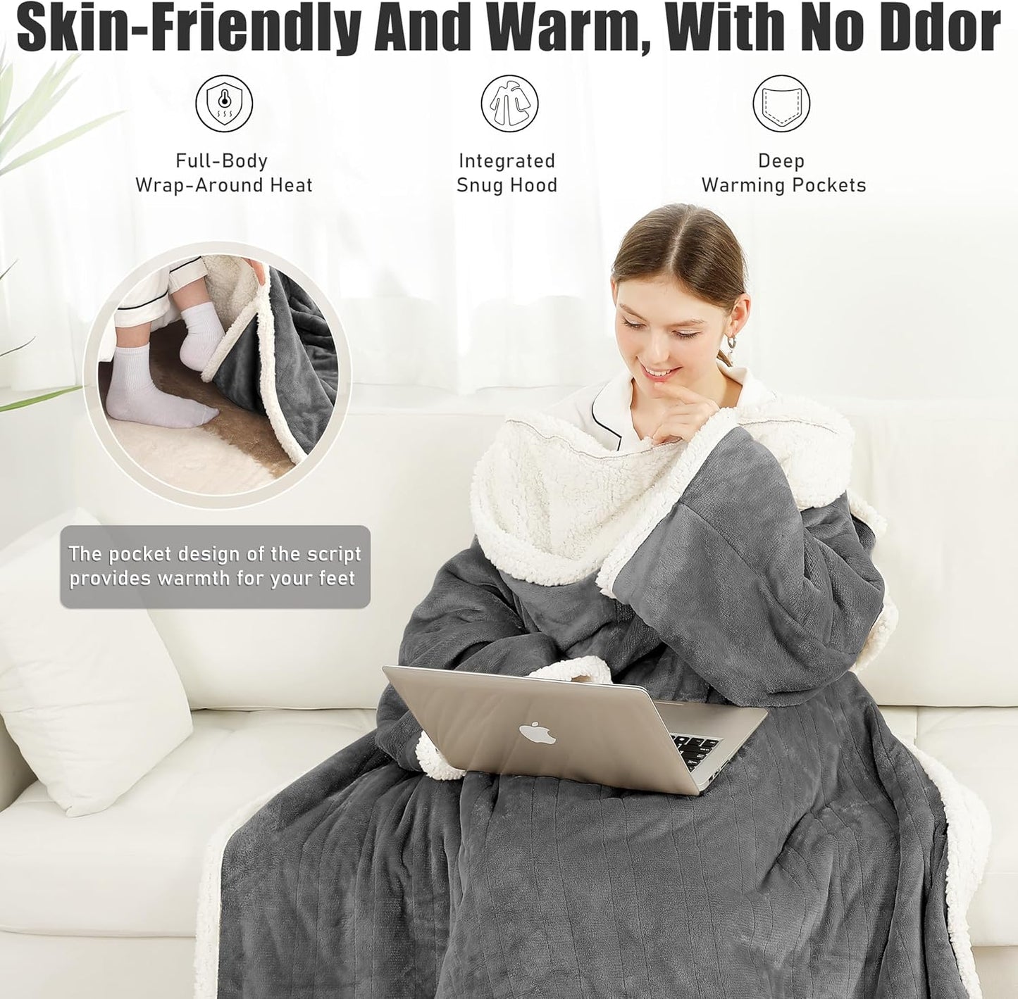 Wearable Heated Blanket with Foot Pocket & Hood, Electric Snuggle Blankets with Sleeves, 6 Heating Levels & 1-4H Auto Shut-Off, Machine Washable, Housewarming & Gift, 50 * 70"+16", Dark Gray