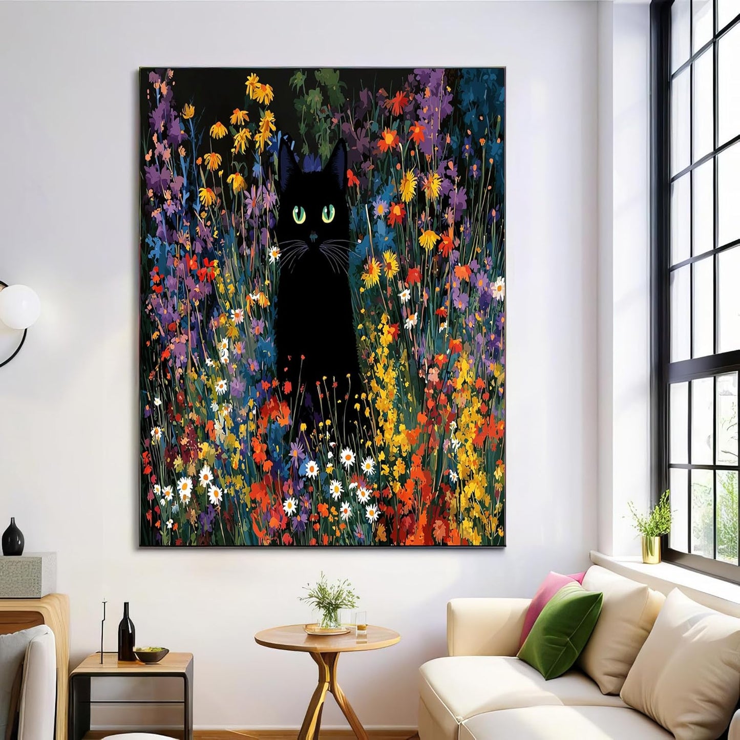 GDJSMIN Country Style Wall Art, Black Cat Wildflower Print Poster for Reading Room Living Room Decor 16x 24 inch Unframed