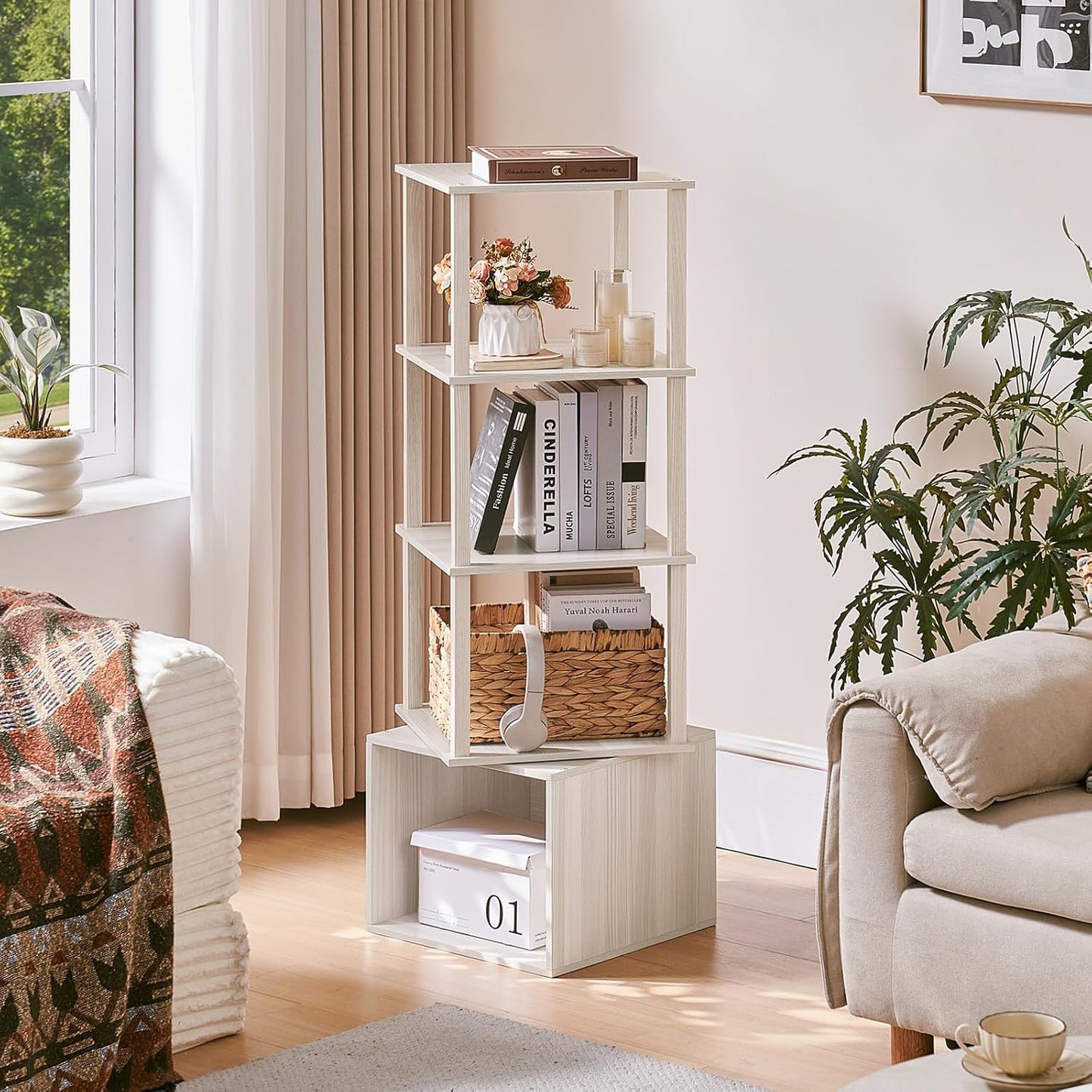 4 Tier Rotating Bookshelf with Storage Cabinet, 360° Display Revolving Bookcase, Square Spinning Book Shelf Tower Organizer, Freestanding Wooden Bookshelves for Small Space, Bedroom Living Room