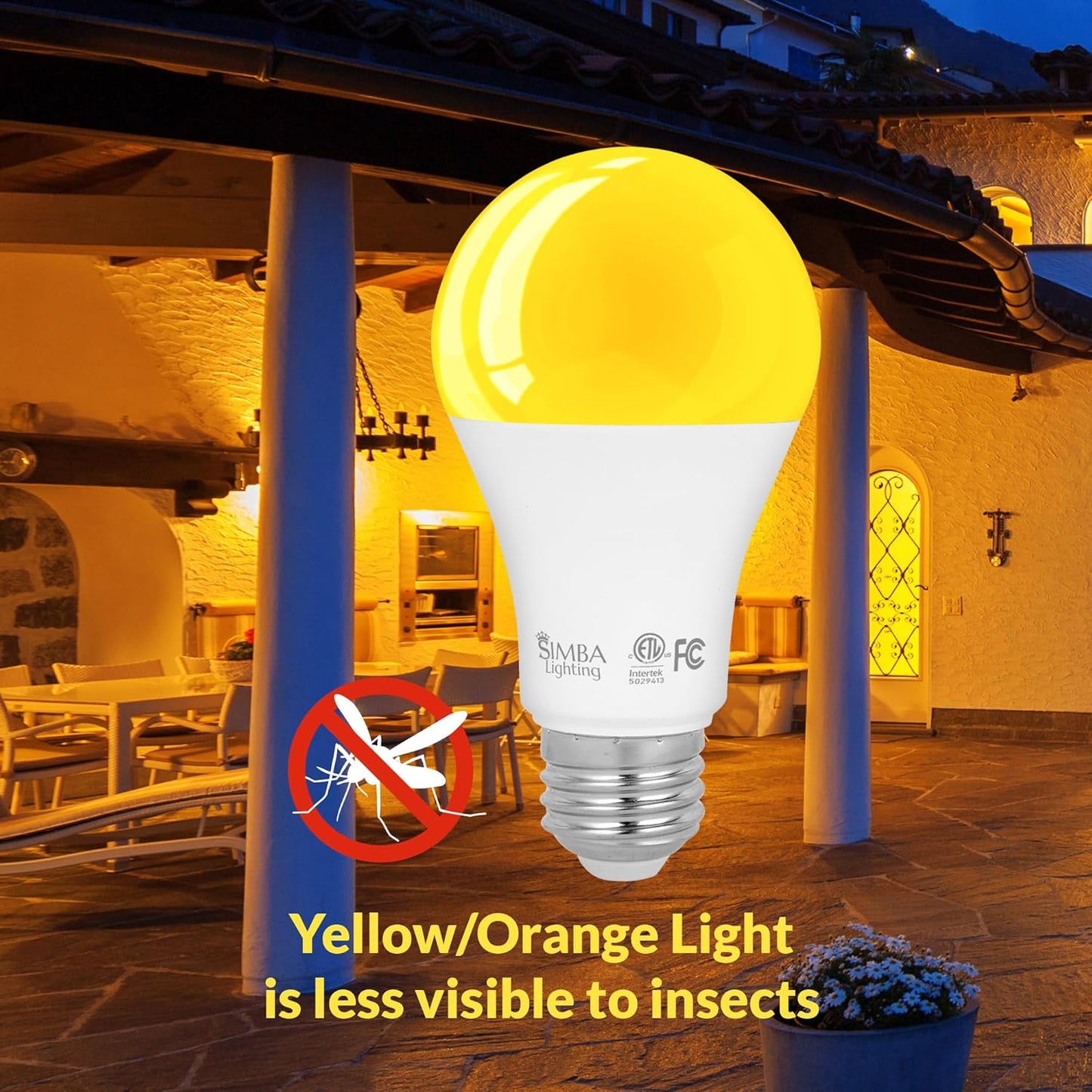 Simba Lighting LED Bug Non-Attracting Yellow Bulb ETL Listed 6W 40W Equivalent (4 Pack), Great for Outdoor Porch Light, Patio, Security, Night Light, Amber Warm Light, Standard A19 Shape E26 Base
