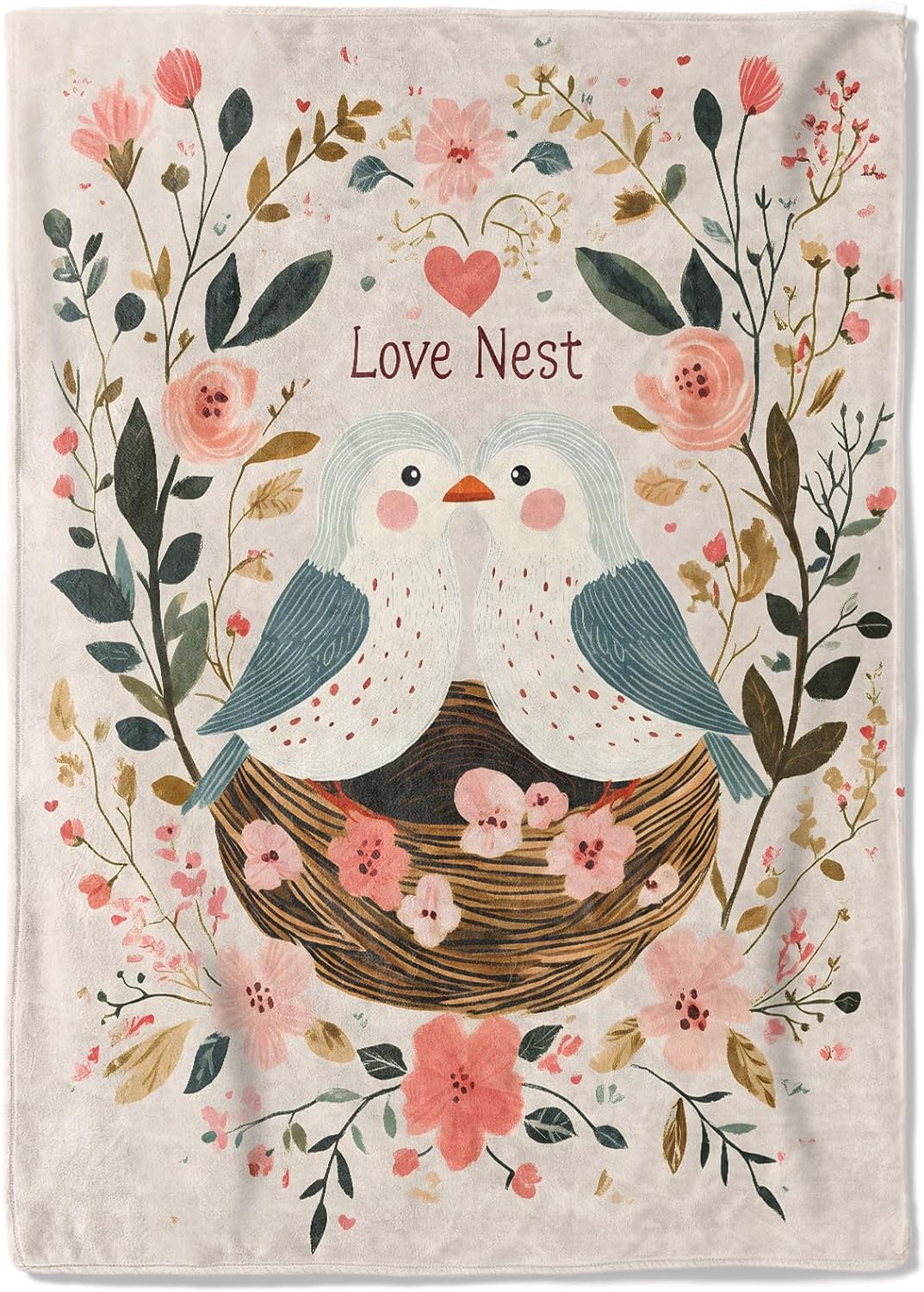 Bird Love Nest Fleece Blanket - 50x60in Cute Two Birds Flower Romantic Throw Blankets,Soft Cozy Lightweight, Ideal for Bed Living Room Home Whimsical Decor and Girls Women Gifts