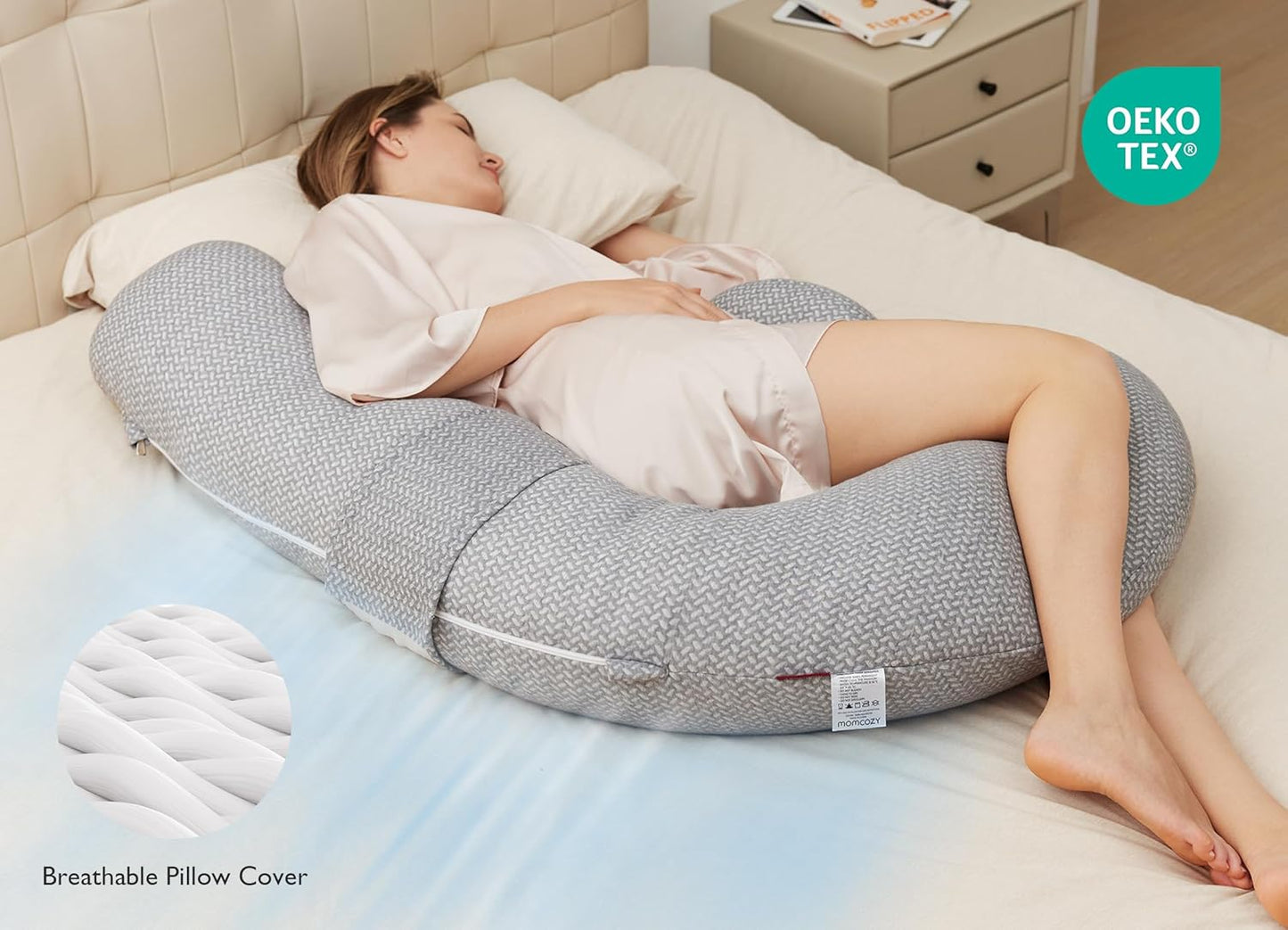 Momcozy Pregnancy Pillow, Original F Shaped Maternity Pillow for Pregnant Women with Adjustable Wedge Pillow, Full Body Support Pregnancy Pillows for Side Sleeping with Air Layer Cover, Grey