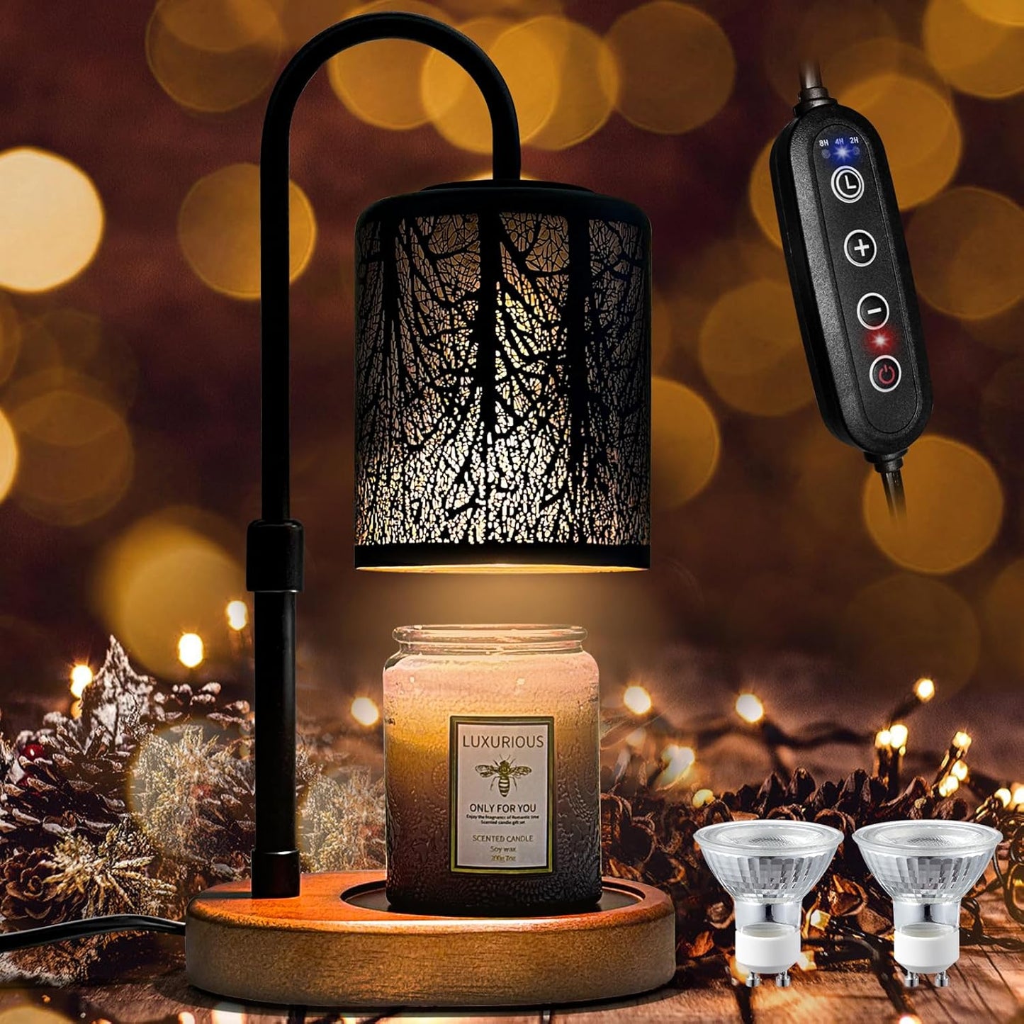 Candles Warmer with Timer and Dimmer, Adjustable Height Candle Melter, Electric Wax Warmer Vintage Home Decor for Jar Candles,2 Bulbs，Black