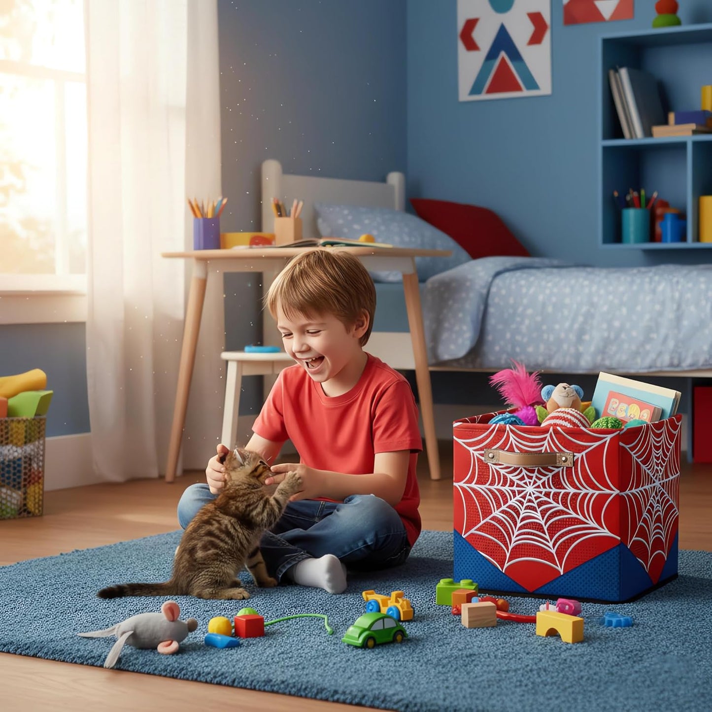Red Spider Web Storage Cubes Bins, 13 Inch Collapsible Fabric Organizer Baskets Box with Leather Handles for Kids Toys Blanket Clothes, Home Nursery Bedroom Decor