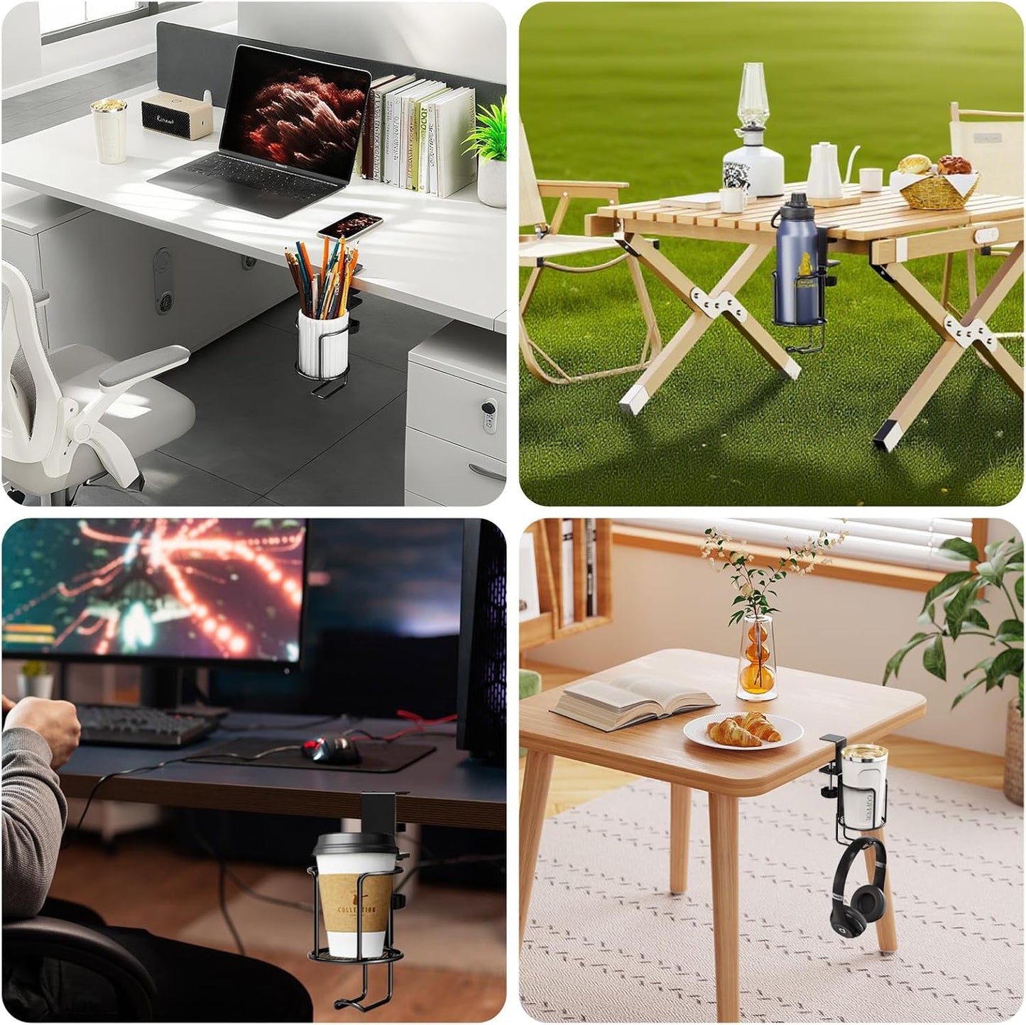 2 in 1 Desk Cup Holder with Headphone Hanger Holder, Anti-Spill Clip-On Table Cup Hook with 360° Rotation for Lawn Chair, Office Home Gaming Table (1 Pack)